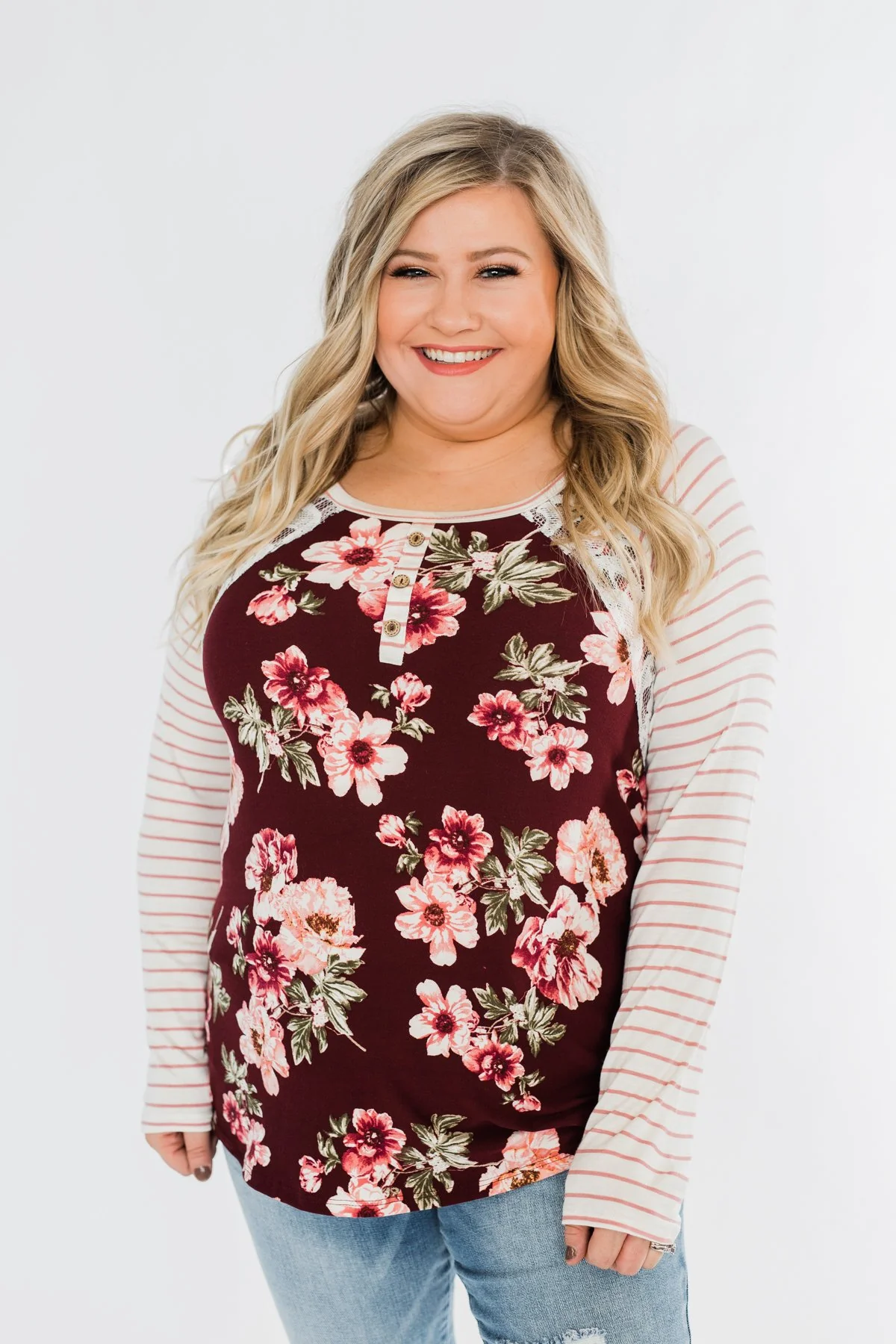 Everything You Need Floral Striped Top- Maroon & Ivory - Image 3