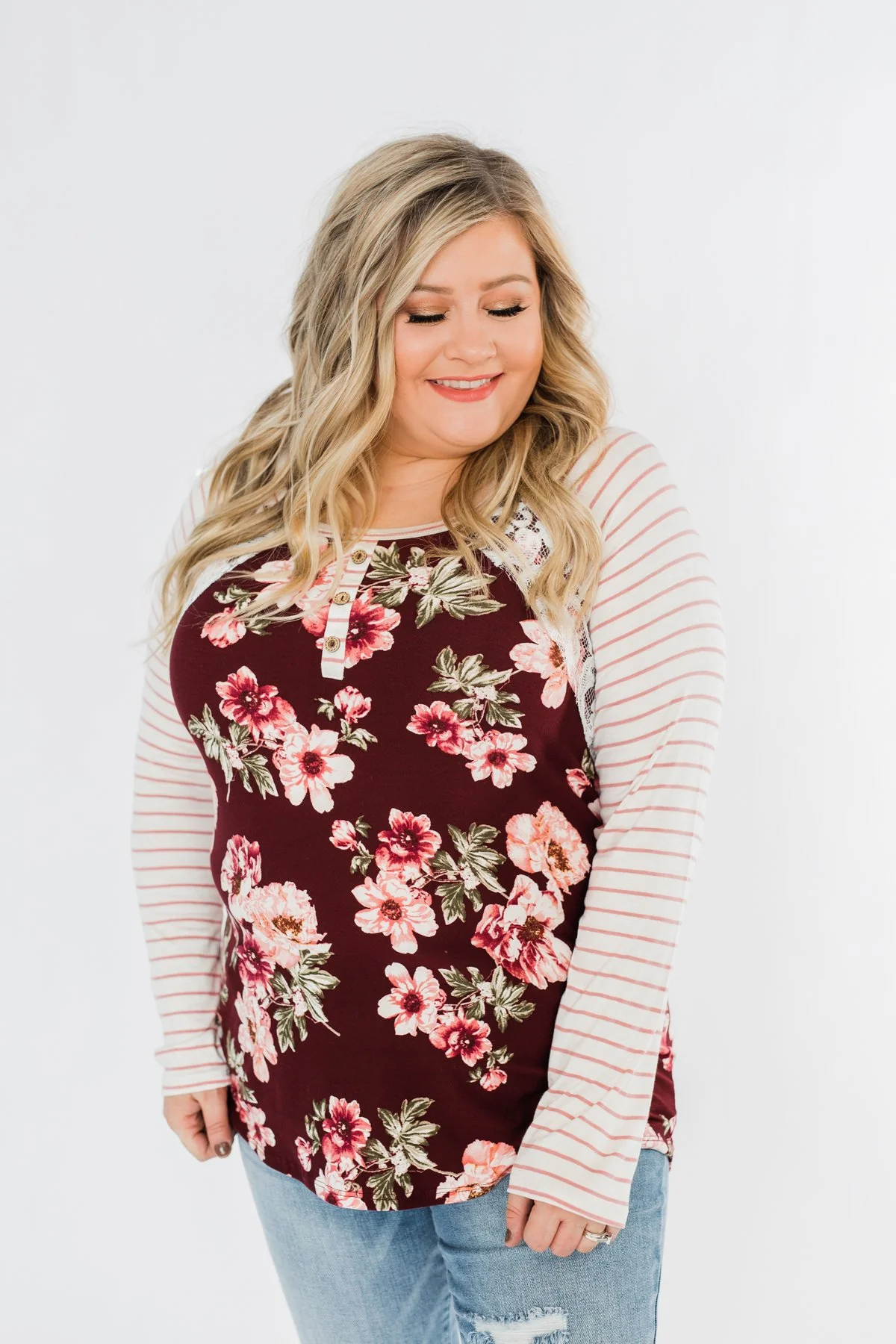 Everything You Need Floral Striped Top- Maroon & Ivory - Image 4