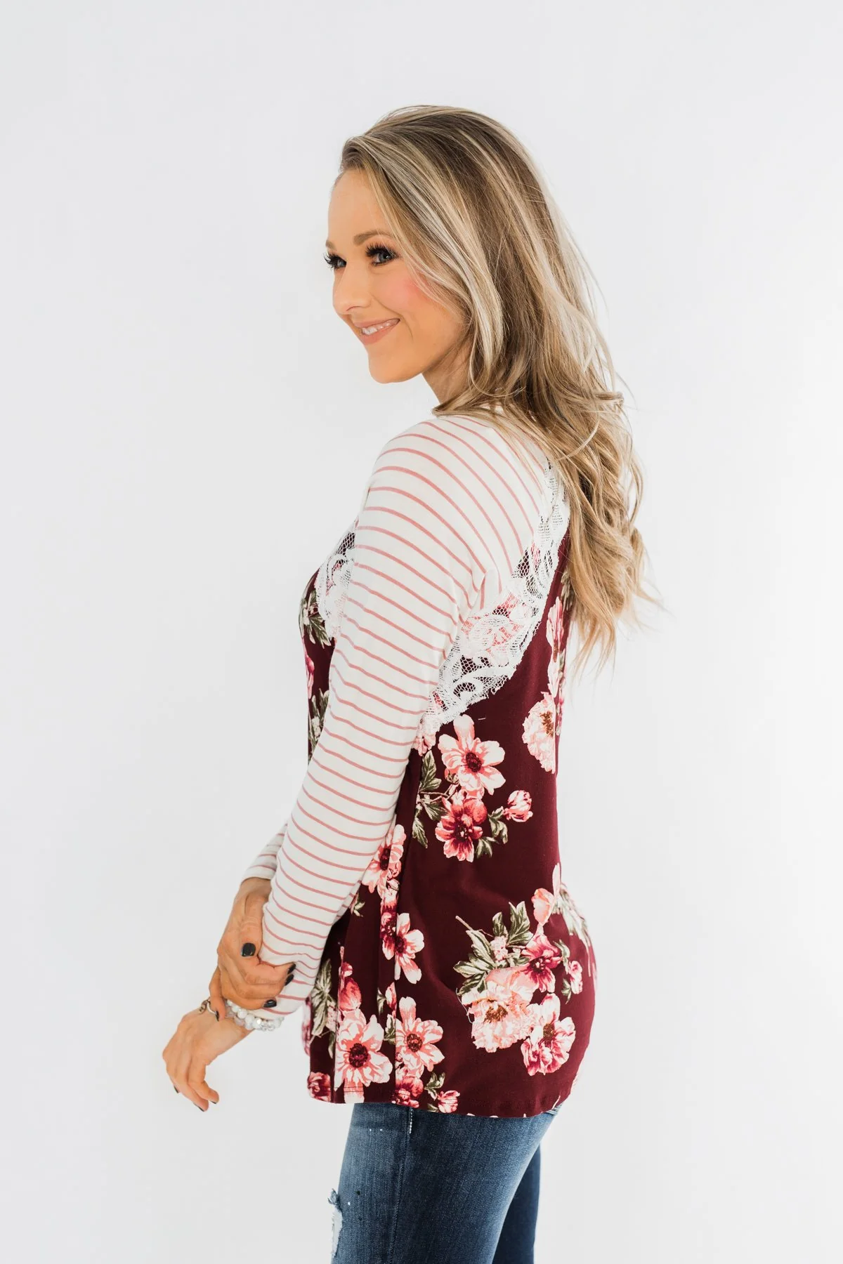 Everything You Need Floral Striped Top- Maroon & Ivory - Image 5
