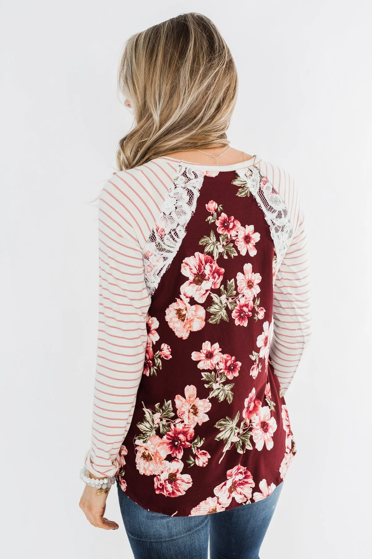 Everything You Need Floral Striped Top- Maroon & Ivory - Image 7