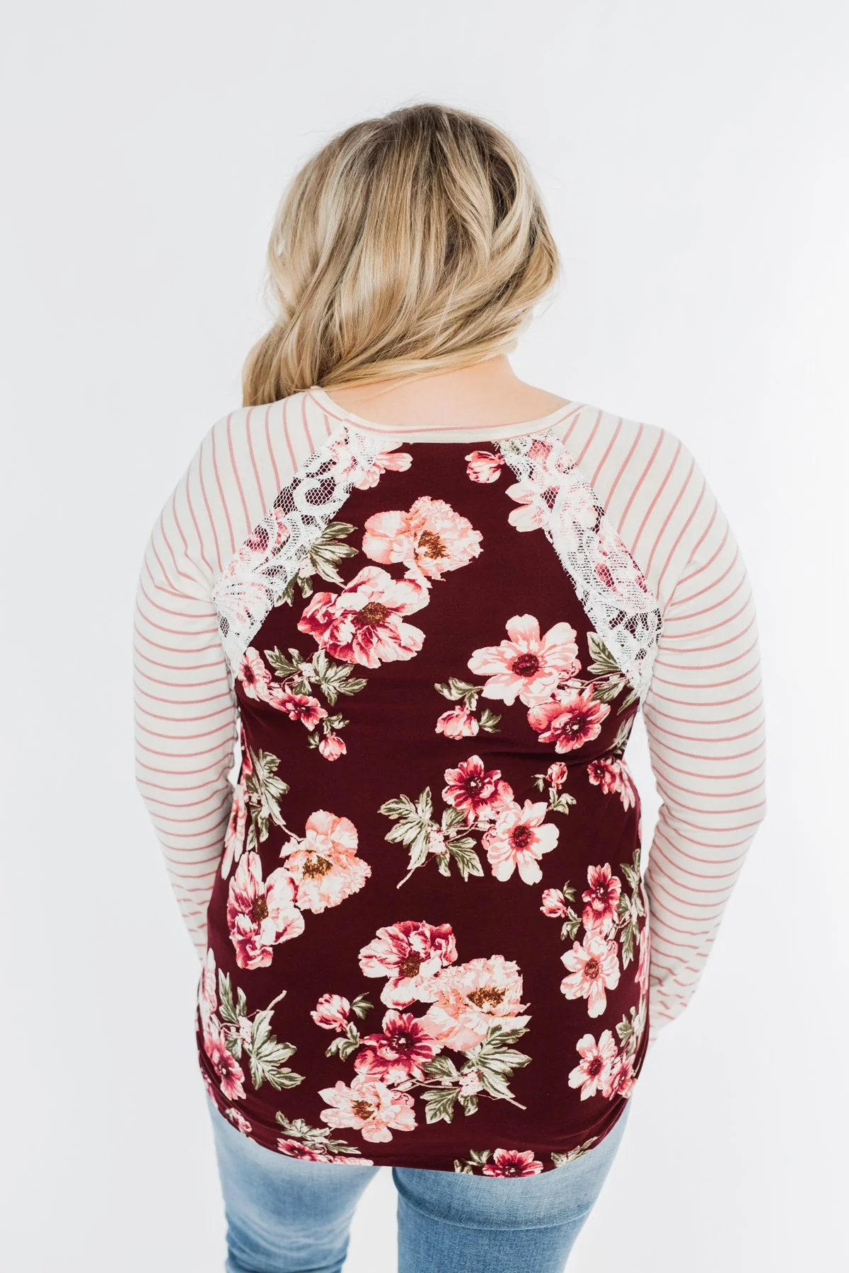 Everything You Need Floral Striped Top- Maroon & Ivory - Image 8