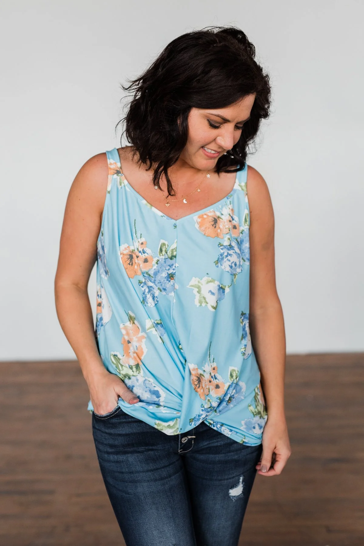 Everywhere I Go Floral Twist Tank Top- Sky Blue - Image 4