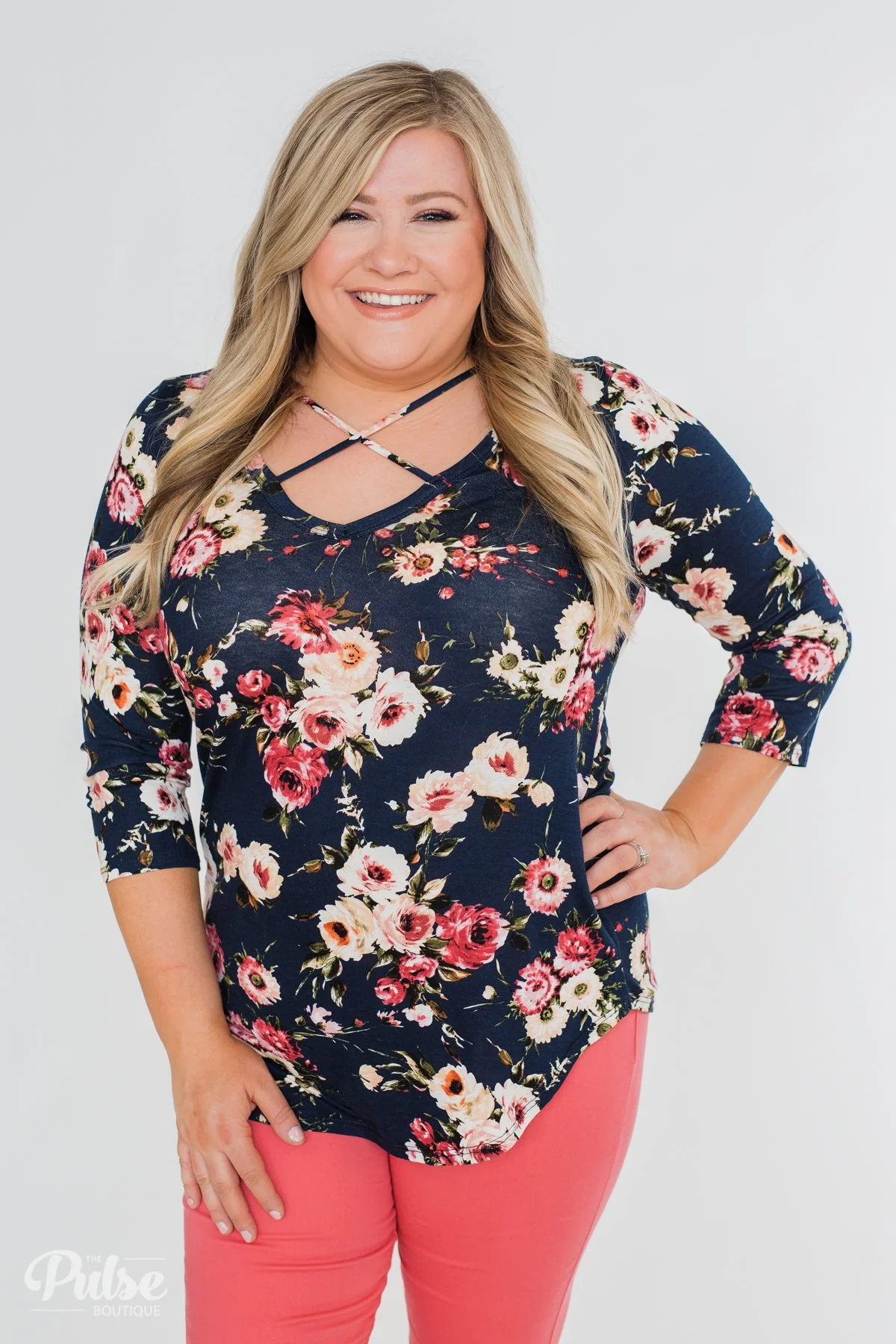 Excellent Selection Floral Criss Cross Top- Navy - Image 8