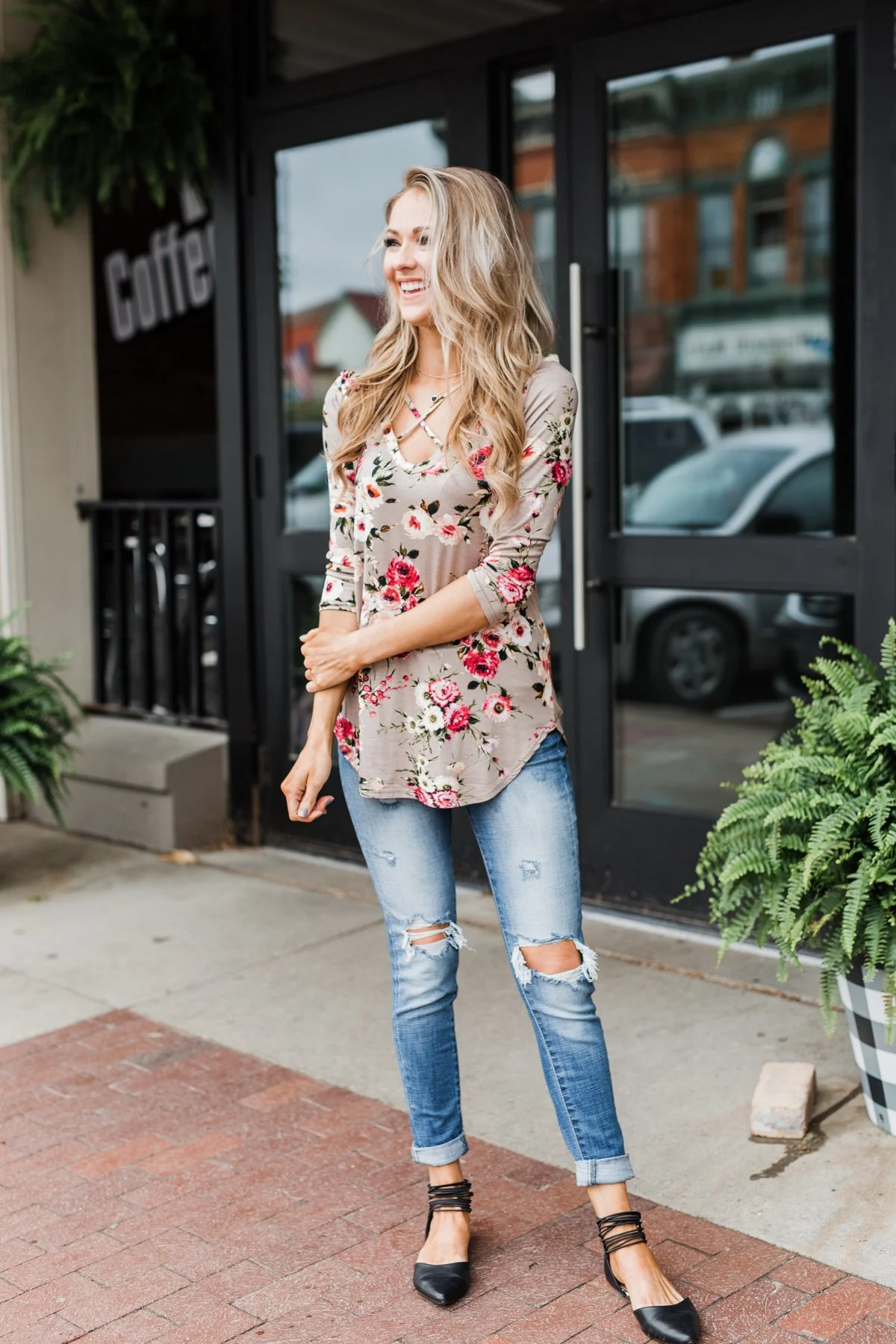 Excellent Selection Floral Criss Cross Top- Taupe - Image 2