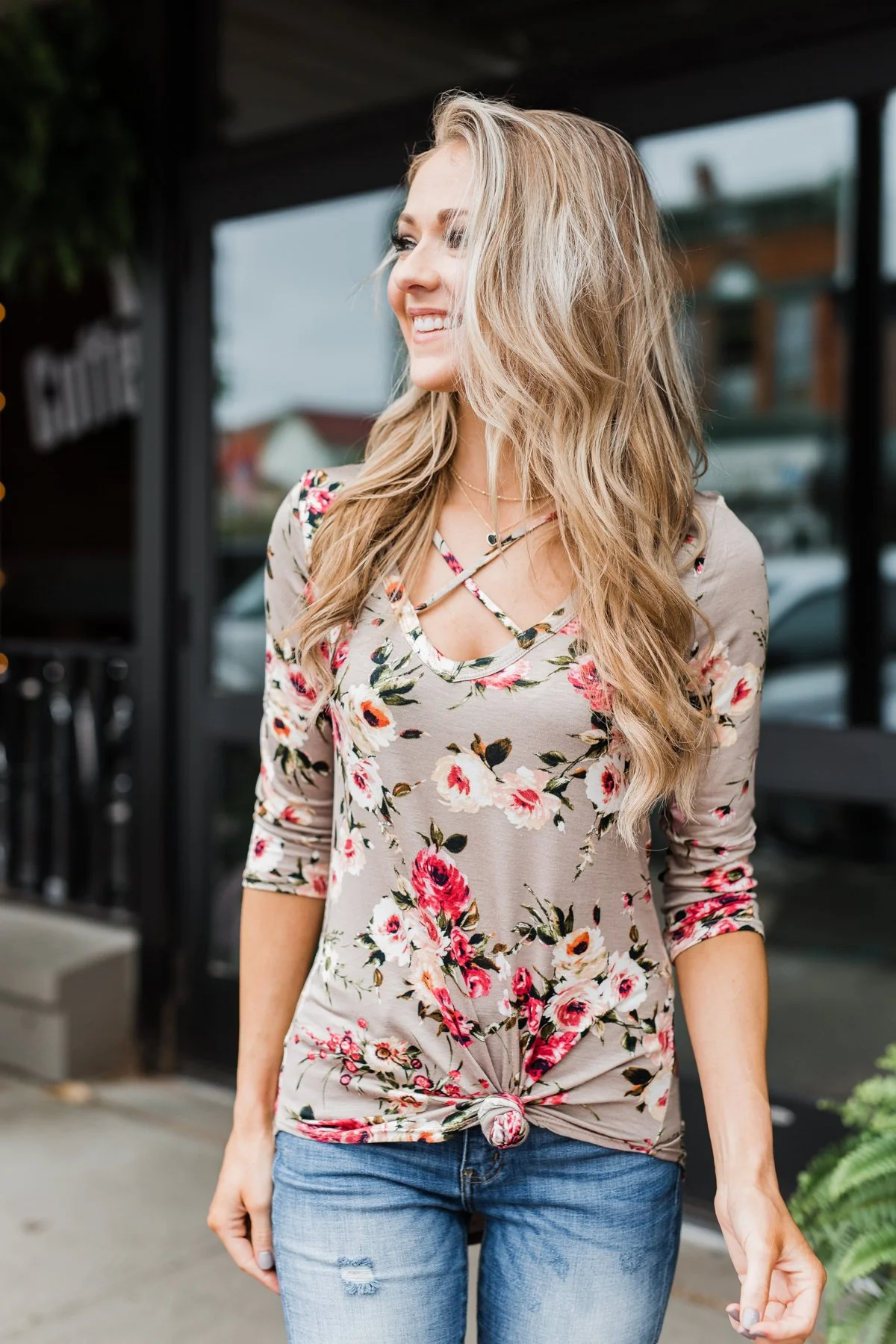 Excellent Selection Floral Criss Cross Top- Taupe - Image 3