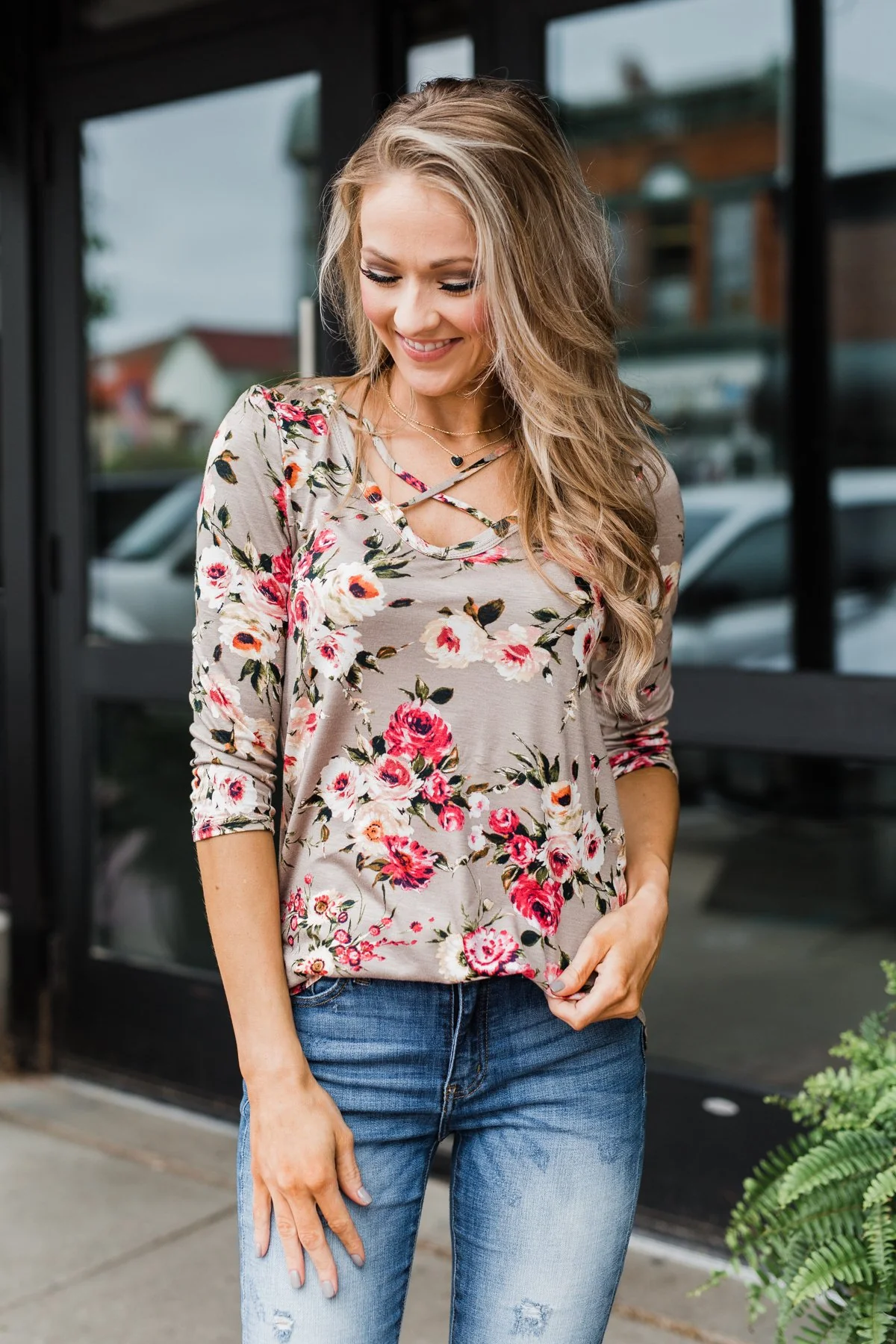 Excellent Selection Floral Criss Cross Top- Taupe - Image 4