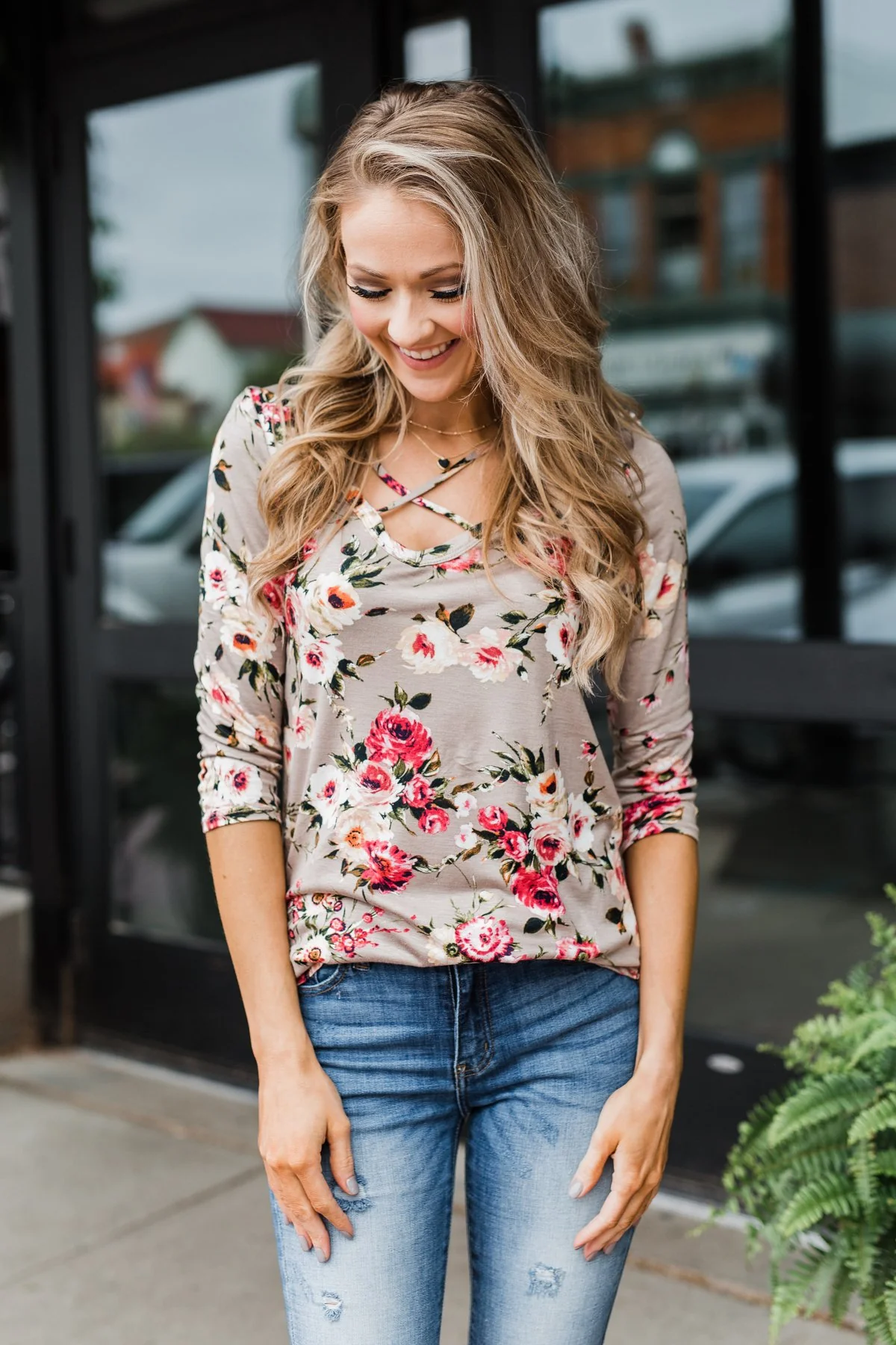 Excellent Selection Floral Criss Cross Top- Taupe - Image 5