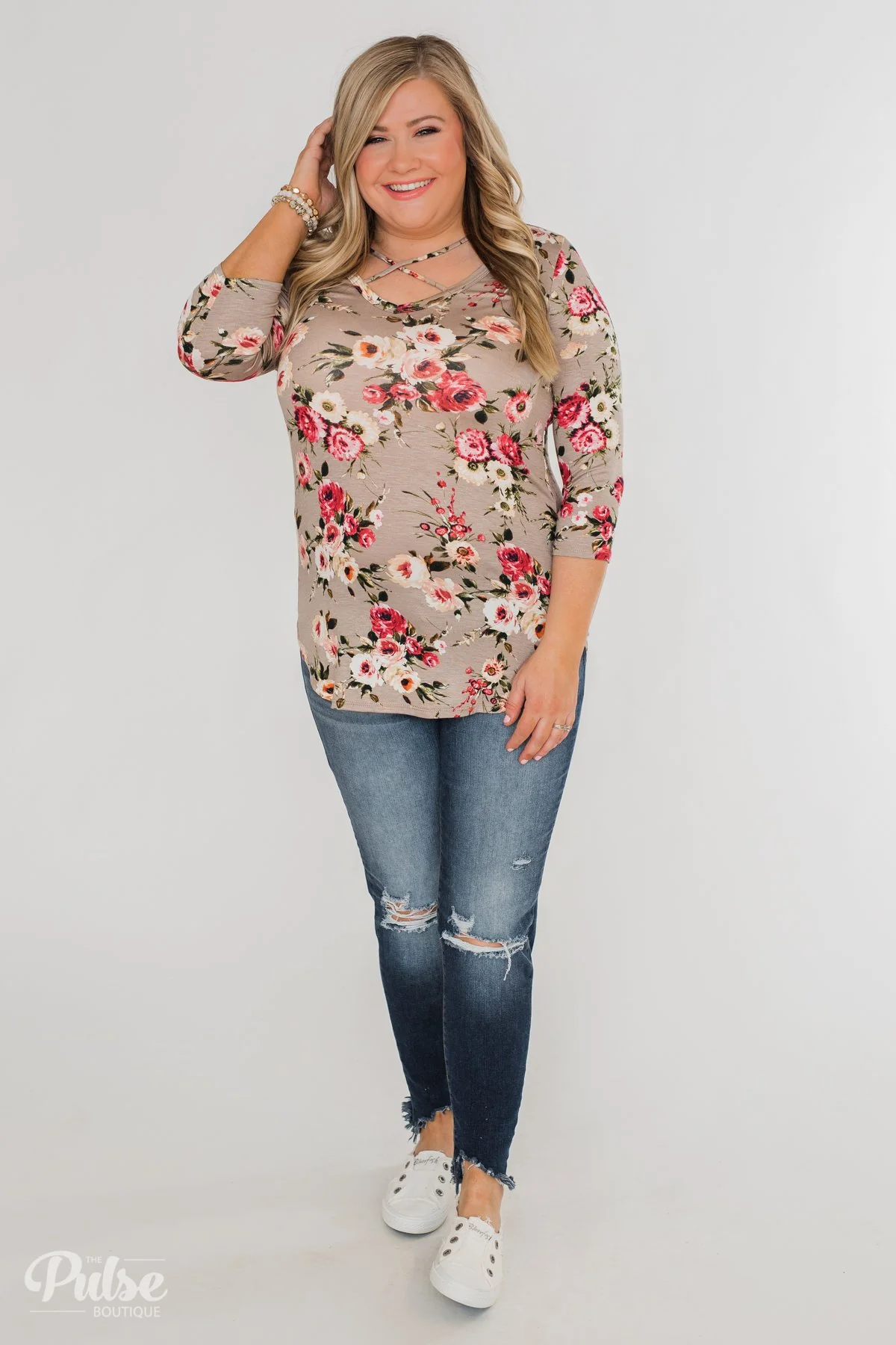Excellent Selection Floral Criss Cross Top- Taupe - Image 9