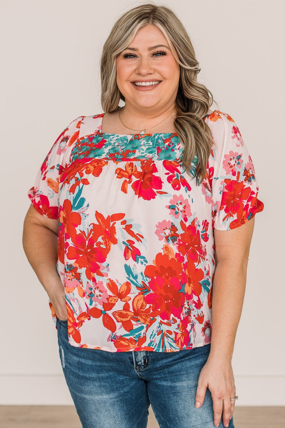 Excellent Taste Floral Blouse- Ivory, Red, & Turquoise