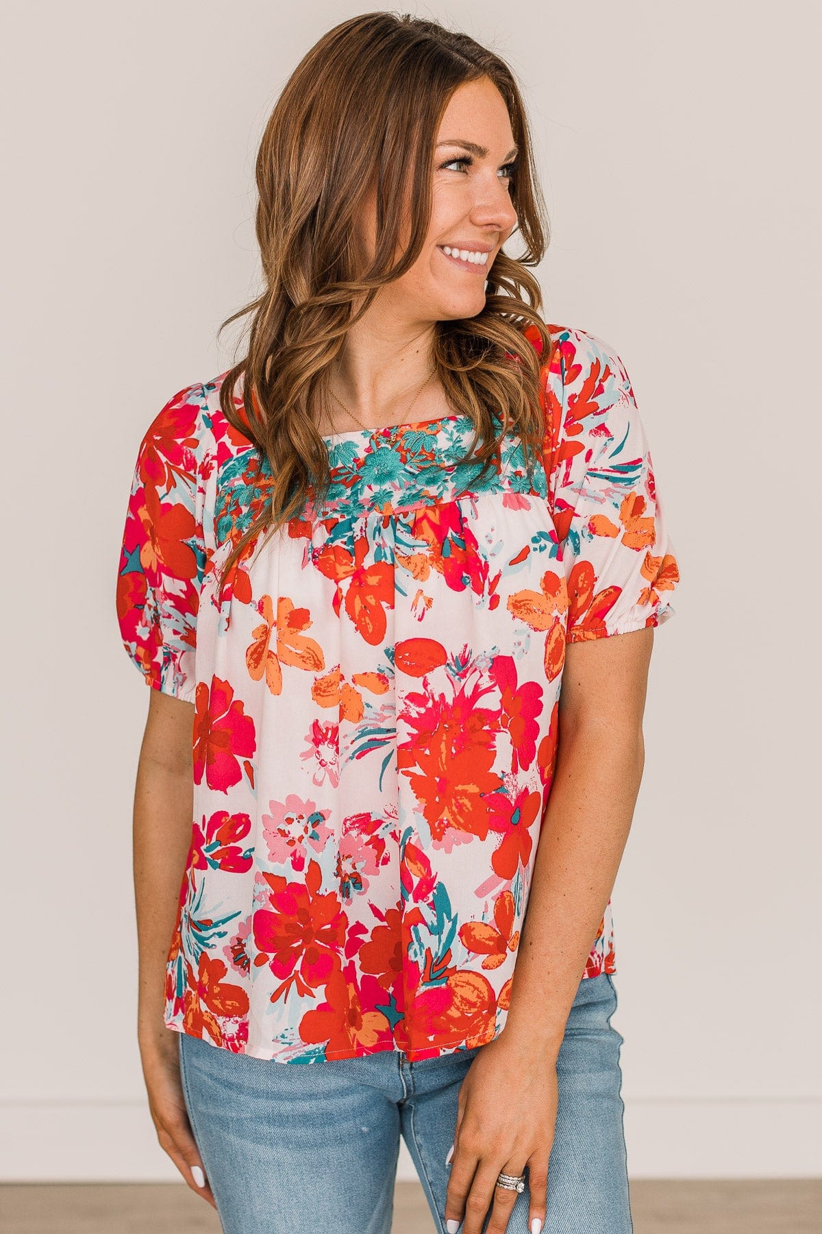 Excellent Taste Floral Blouse- Ivory, Red, & Turquoise - Image 2