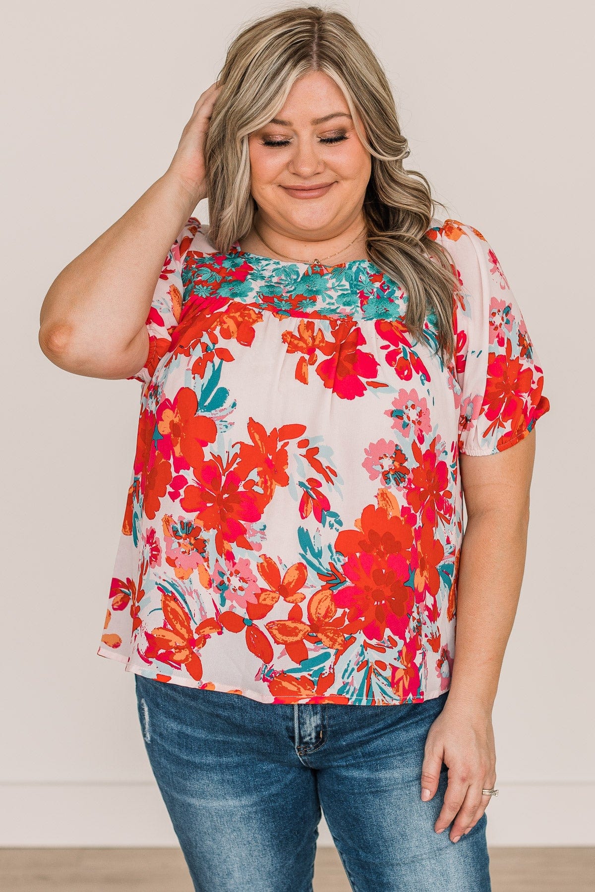 Excellent Taste Floral Blouse- Ivory, Red, & Turquoise - Image 3