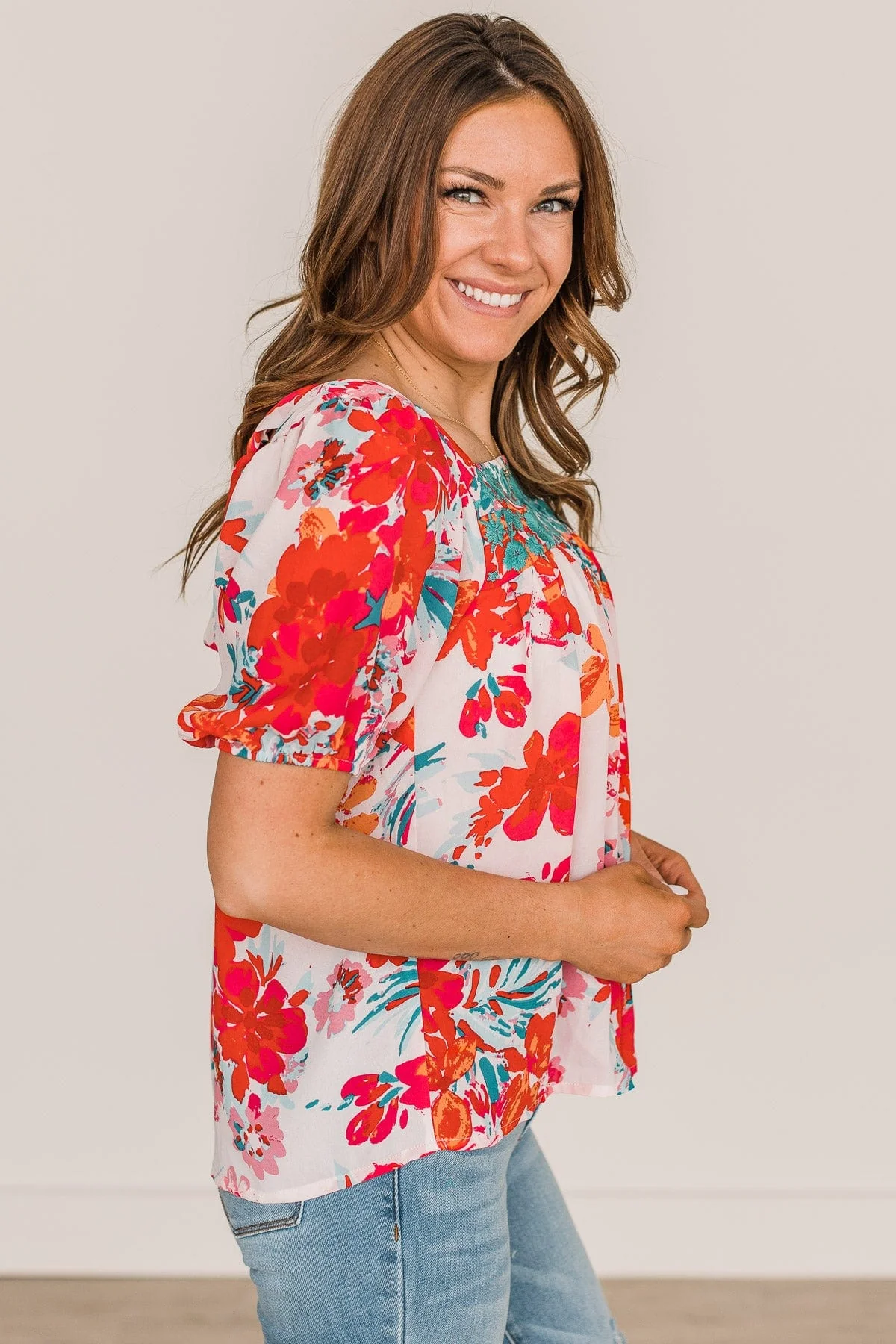Excellent Taste Floral Blouse- Ivory, Red, & Turquoise - Image 6