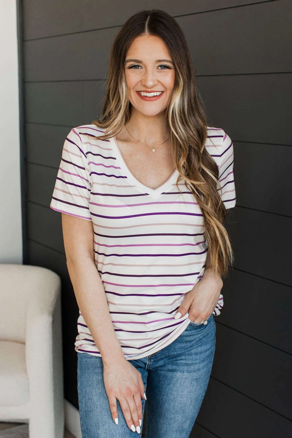 Exceptional Vibes V-Neck Striped Top- Ivory & Plum - Image 2