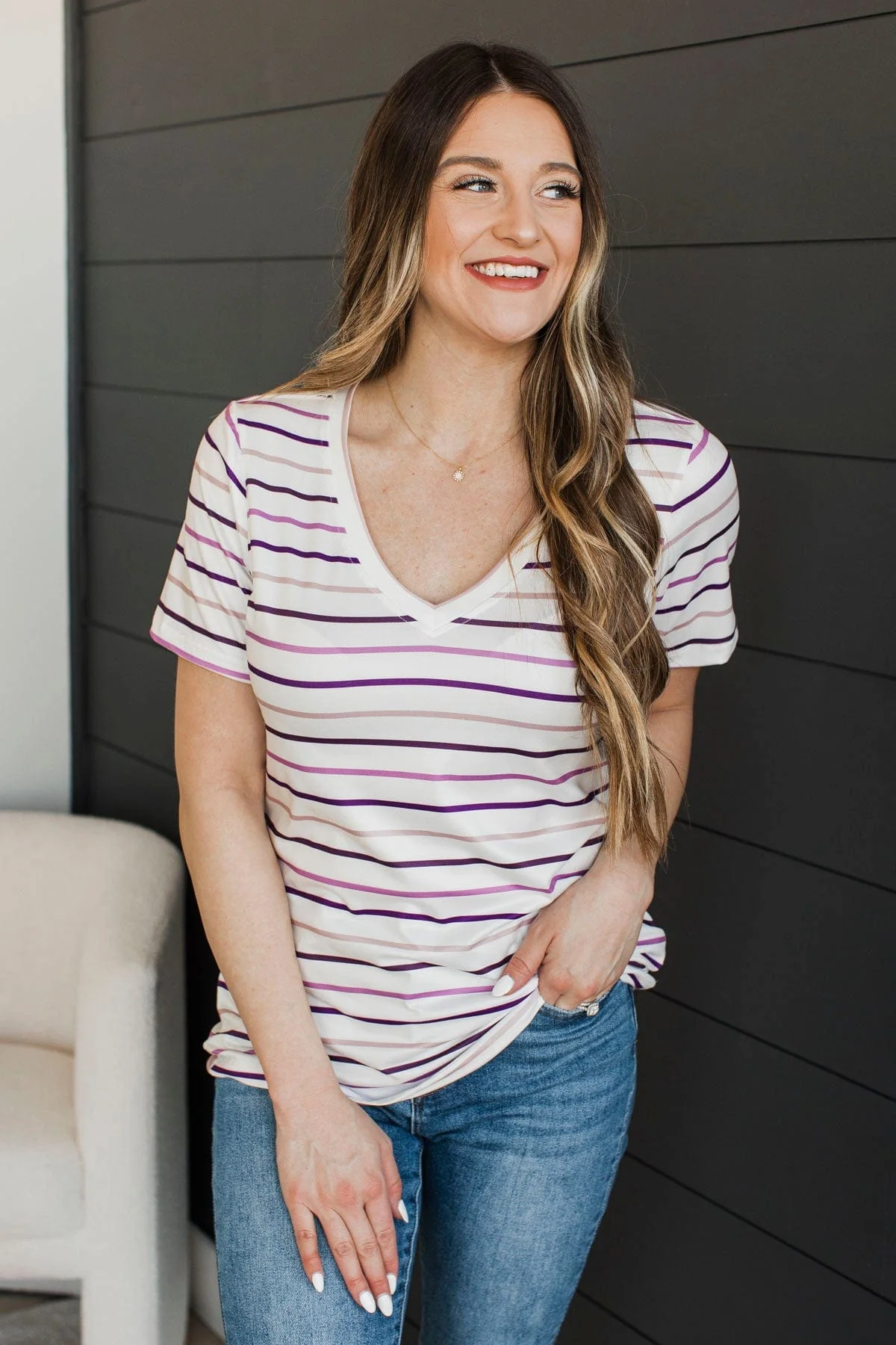 Exceptional Vibes V-Neck Striped Top- Ivory & Plum - Image 4