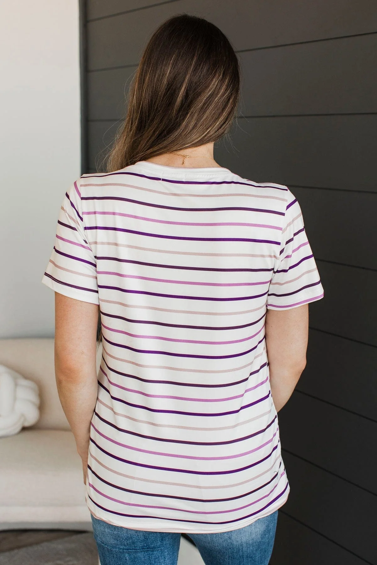 Exceptional Vibes V-Neck Striped Top- Ivory & Plum - Image 8