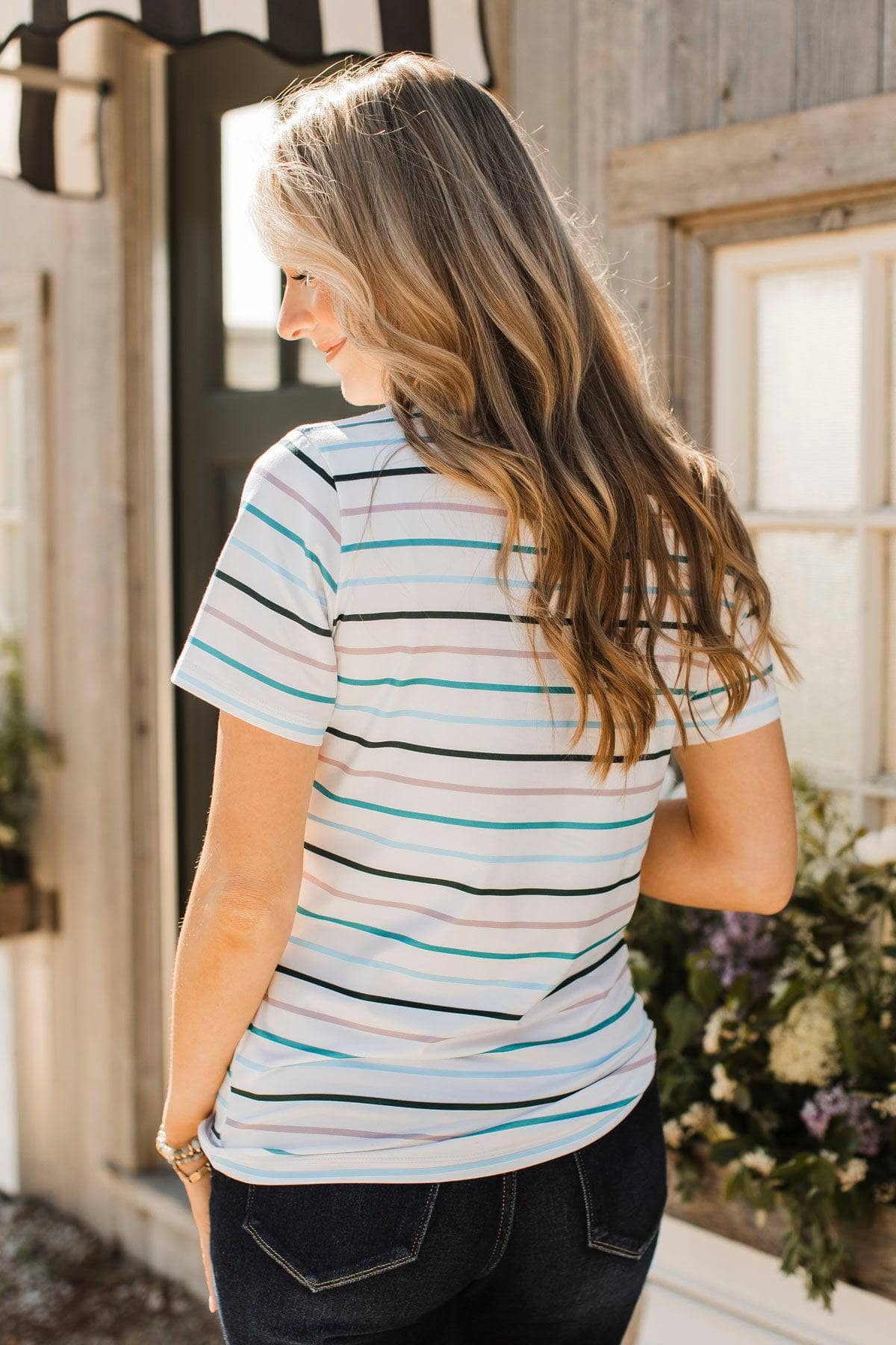 Exceptional Vibes V-Neck Striped Top- Ivory & Teal - Image 10