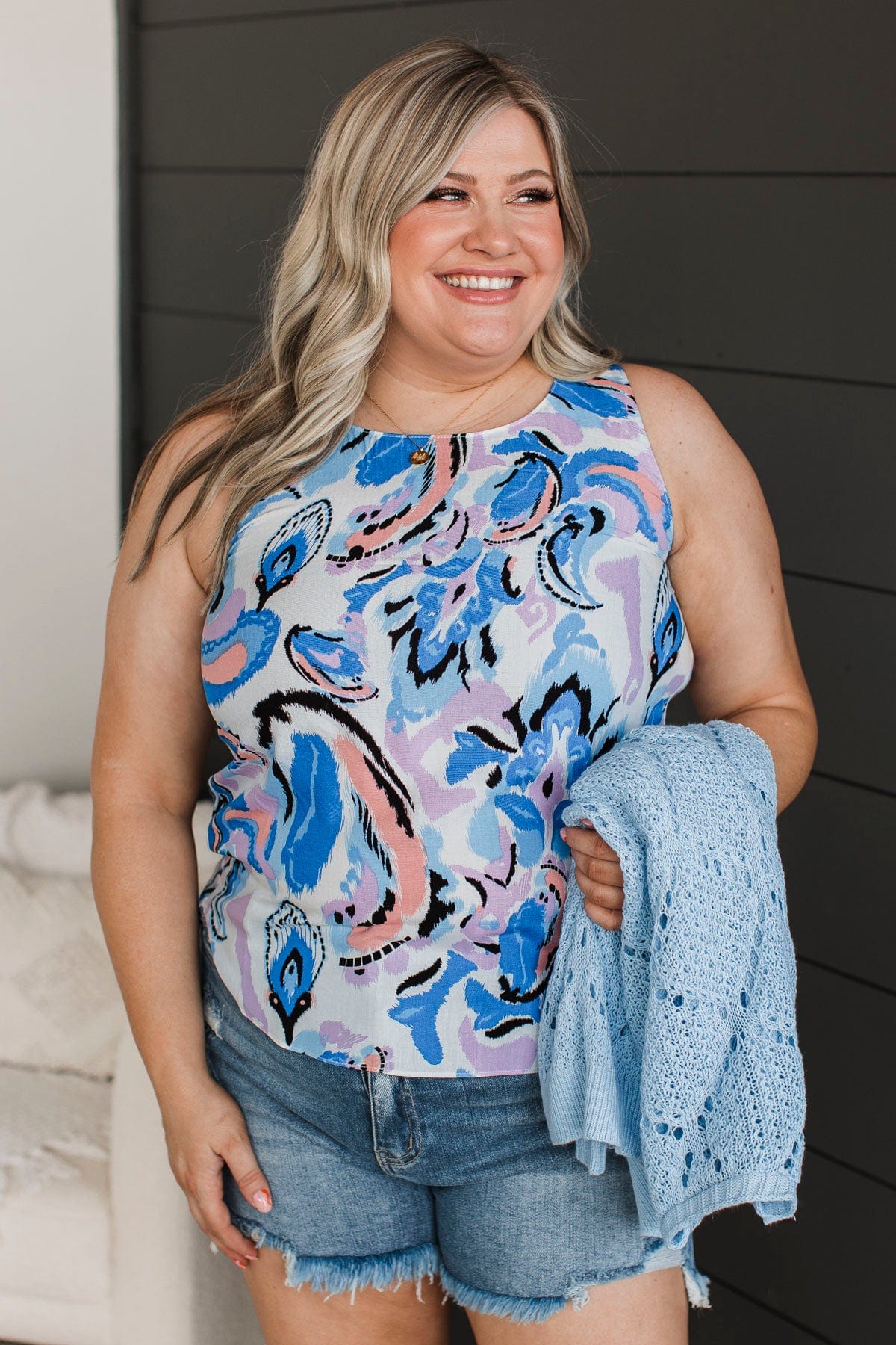 Exceptionally You Floral Tank Top- Ivory & Royal Blue - Image 4