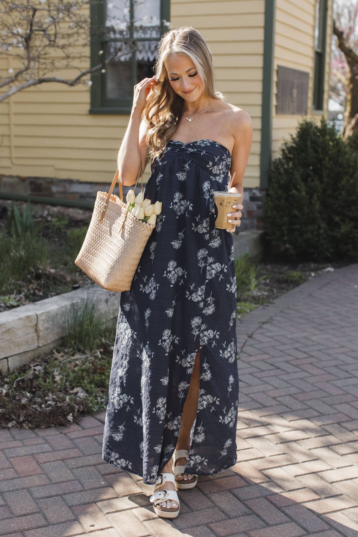 Experience Life Floral Strapless Maxi Dress- Dark Navy