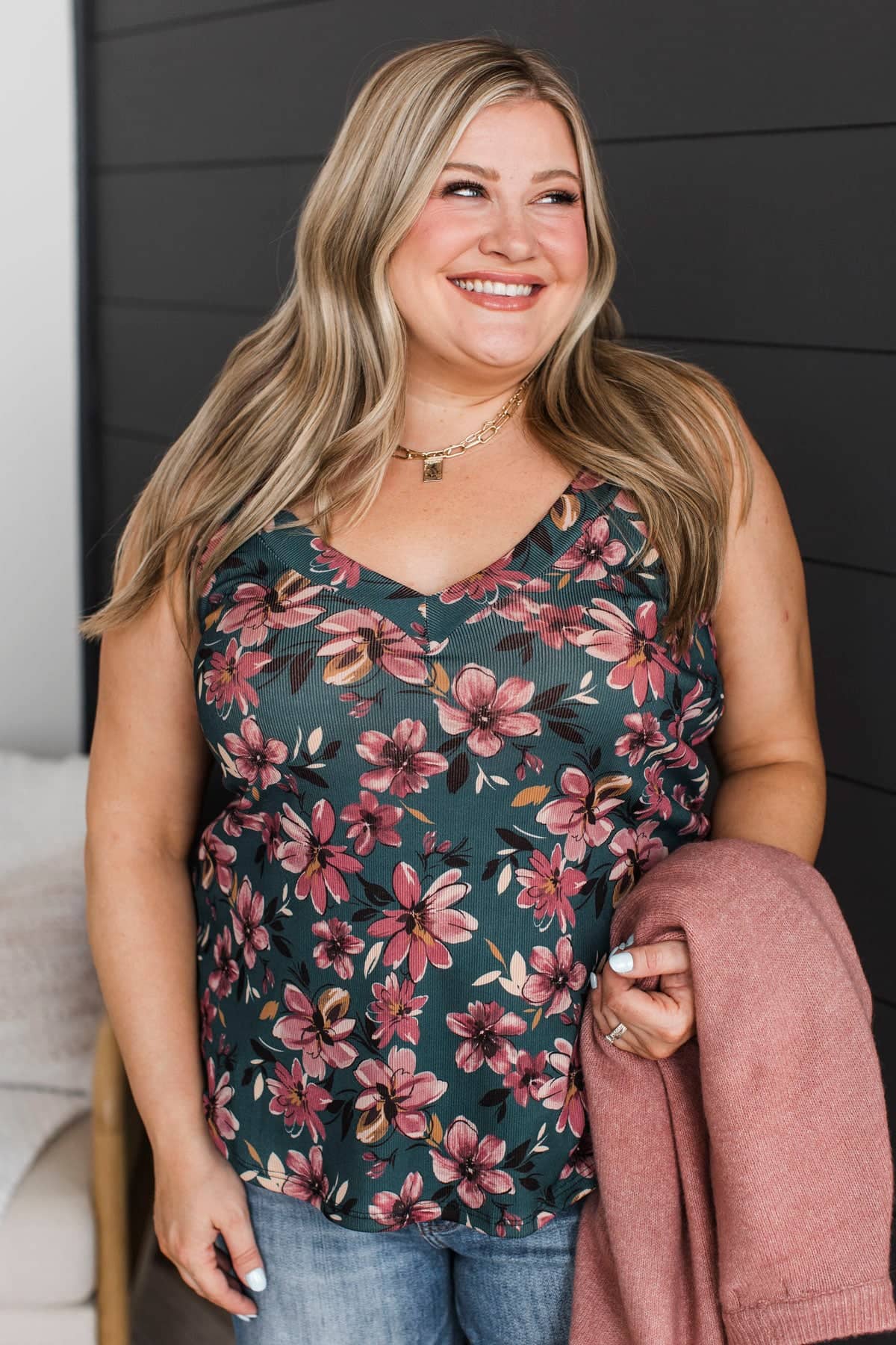 Expressive Smiles V-Neck Floral Tank Top- Teal & Mauve Pink - Image 2