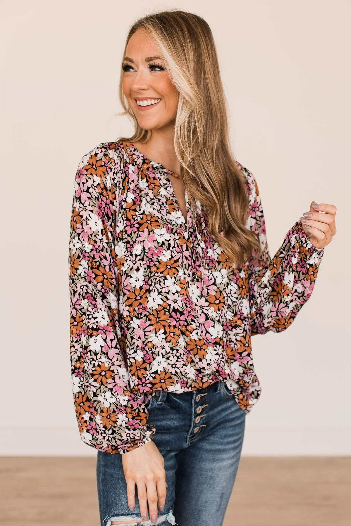 Extraordinary Beauty Floral Blouse- Black, Pink, & Rust - Image 3