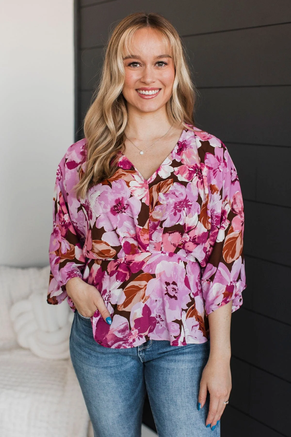 Extraordinary Feelings Floral Peplum Blouse- Brown & Pink - Image 4