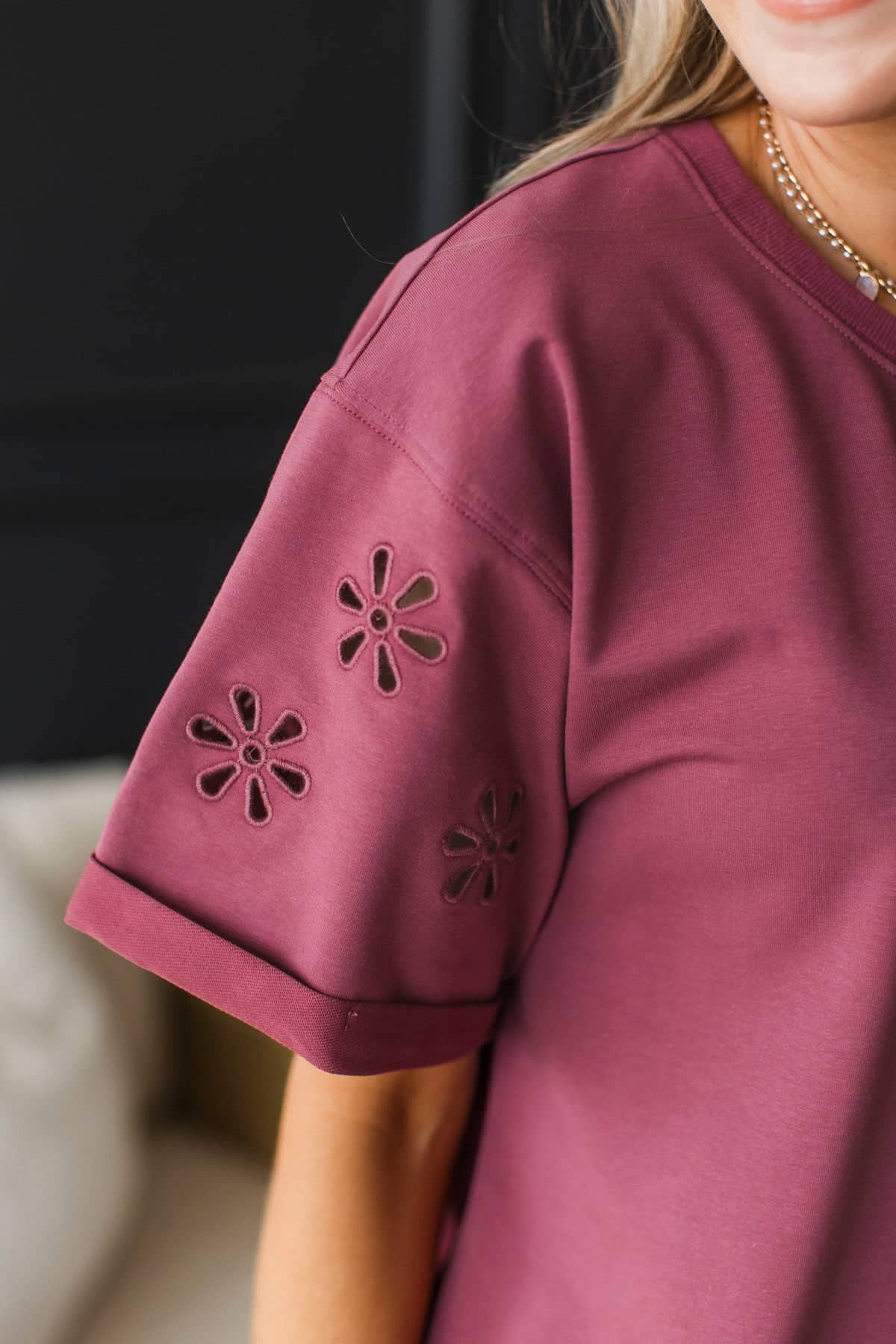 Extraordinary Memories Short Eyelet Sleeve Top- Wine - Image 2