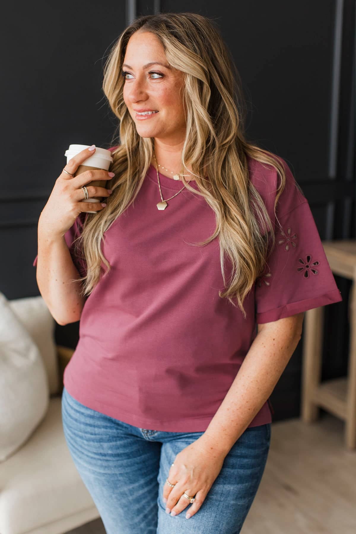 Extraordinary Memories Short Eyelet Sleeve Top- Wine - Image 4