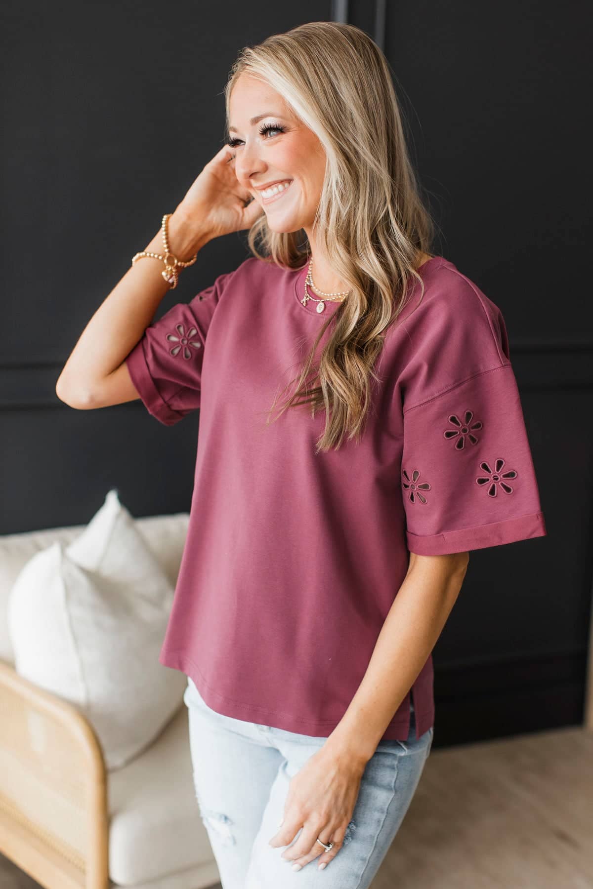 Extraordinary Memories Short Eyelet Sleeve Top- Wine - Image 5