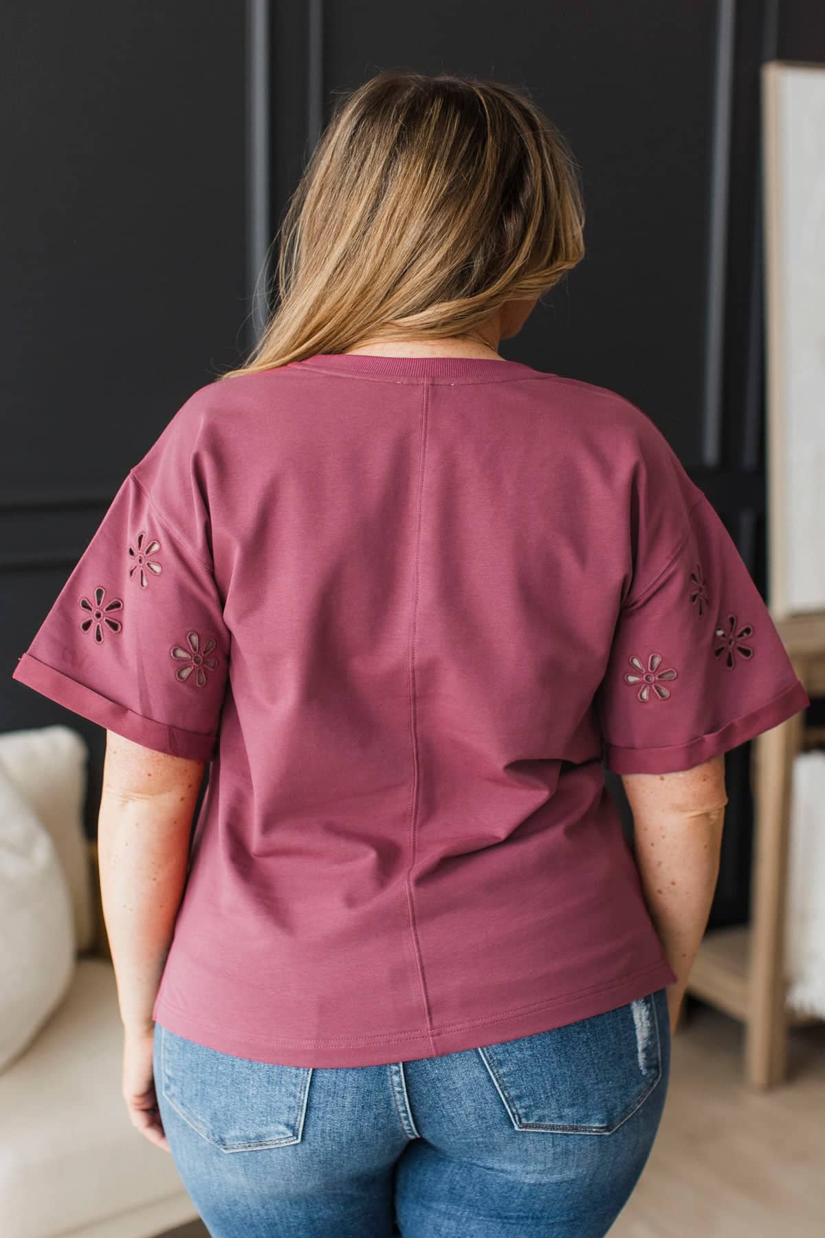 Extraordinary Memories Short Eyelet Sleeve Top- Wine - Image 8