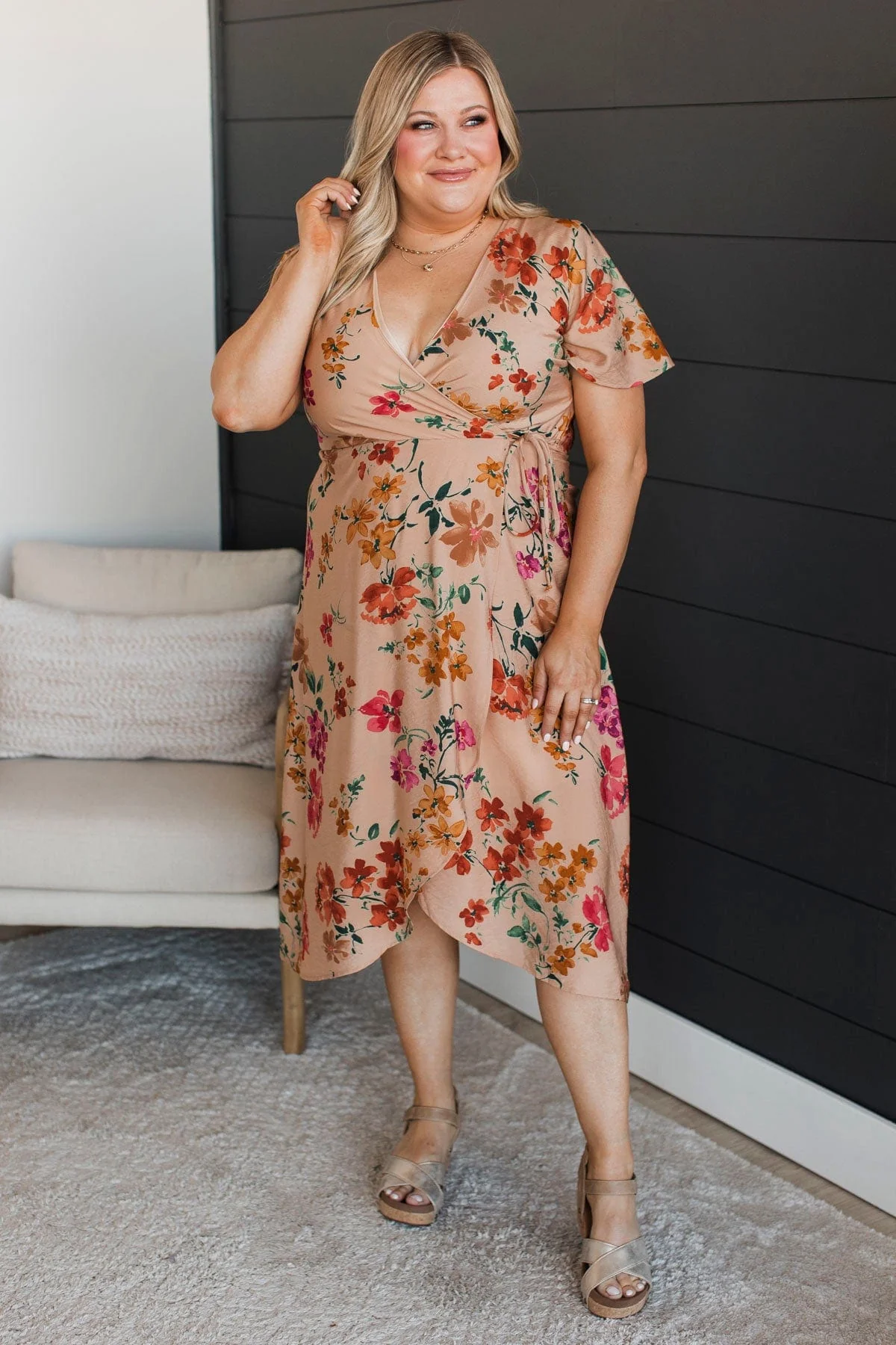 Extreme Appeal Floral Midi Dress- Tan - Image 3
