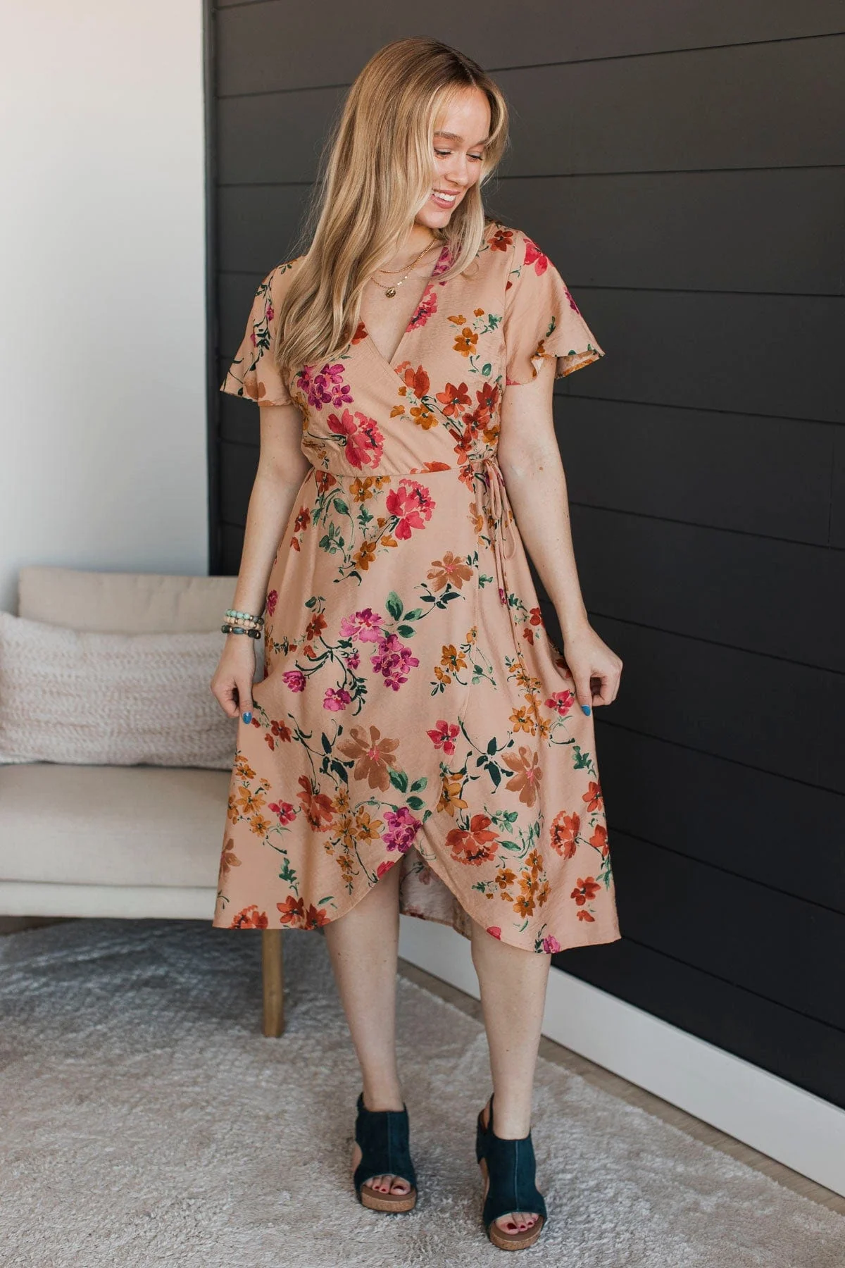 Extreme Appeal Floral Midi Dress- Tan - Image 4