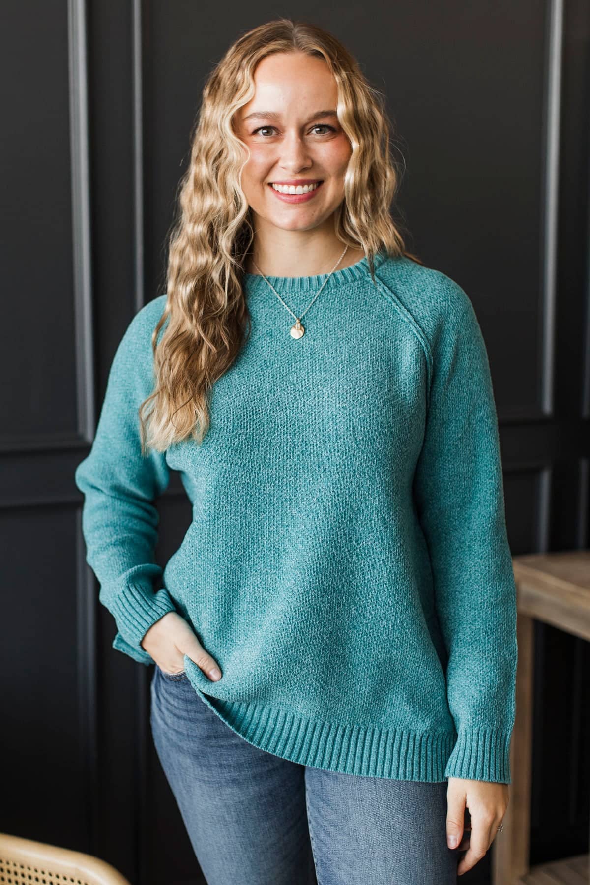 Exuding Confidence Chenille Knit Sweater- Dusty Teal - Image 3