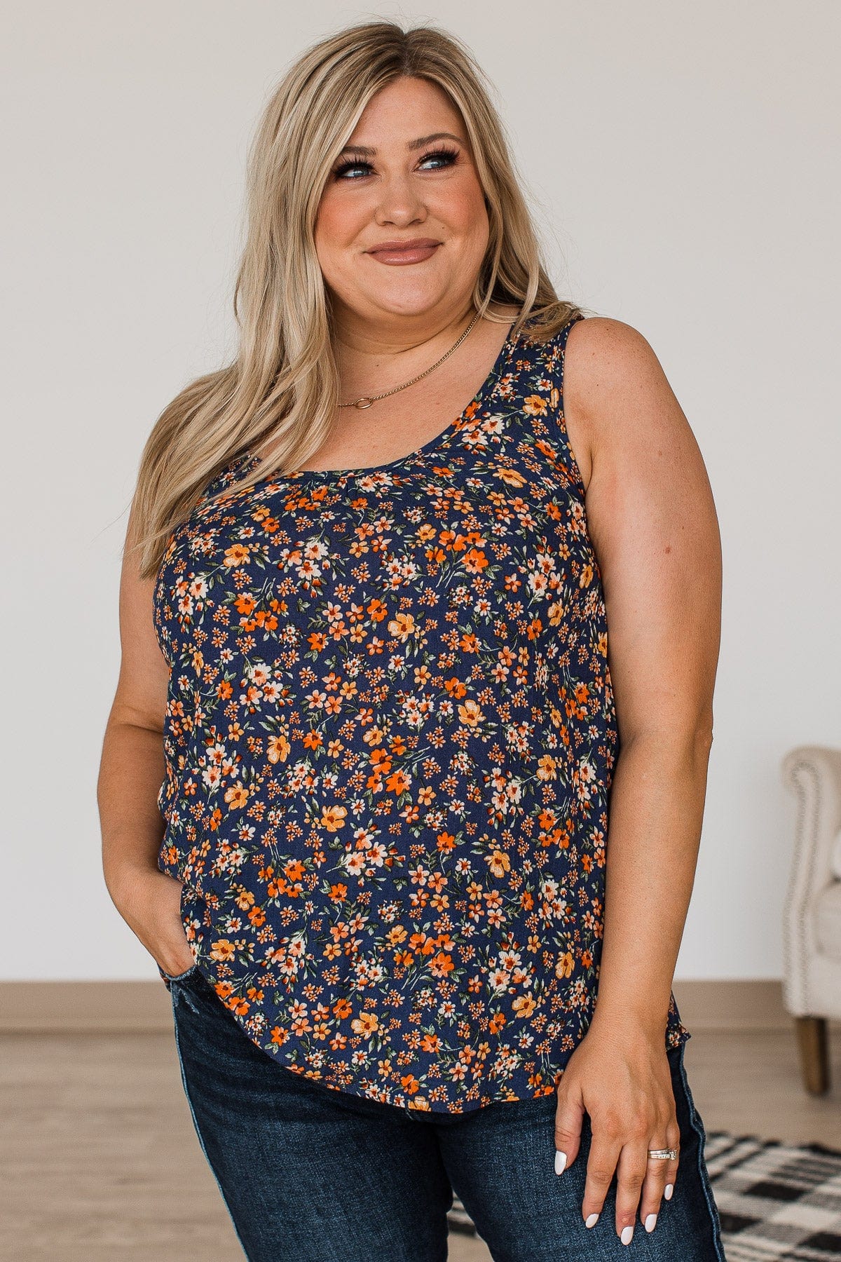 Eye Catching Beauty Floral Tank- Navy - Image 2