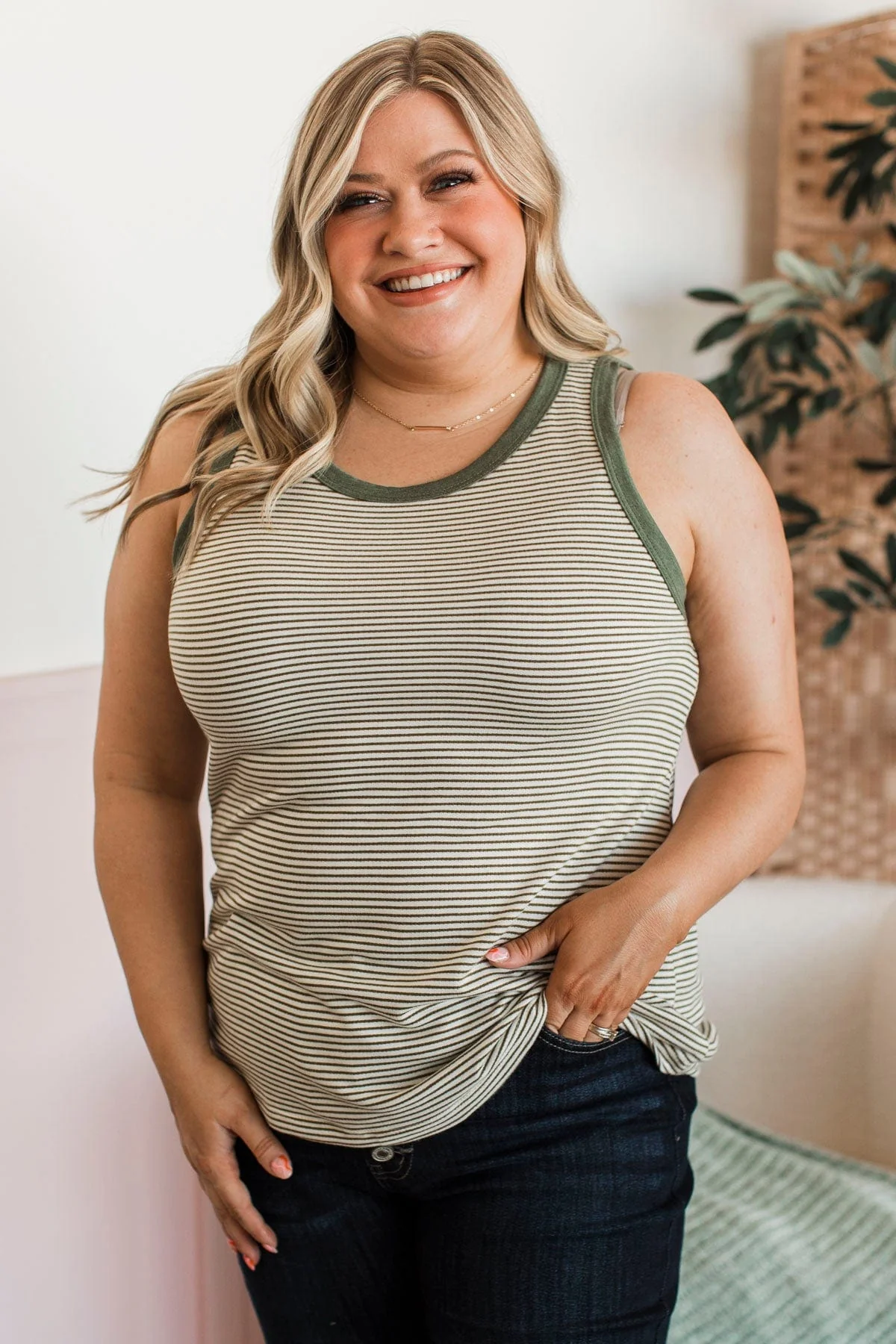 Eyes On The Prize Striped Tank Top- Ivory & Olive - Image 3