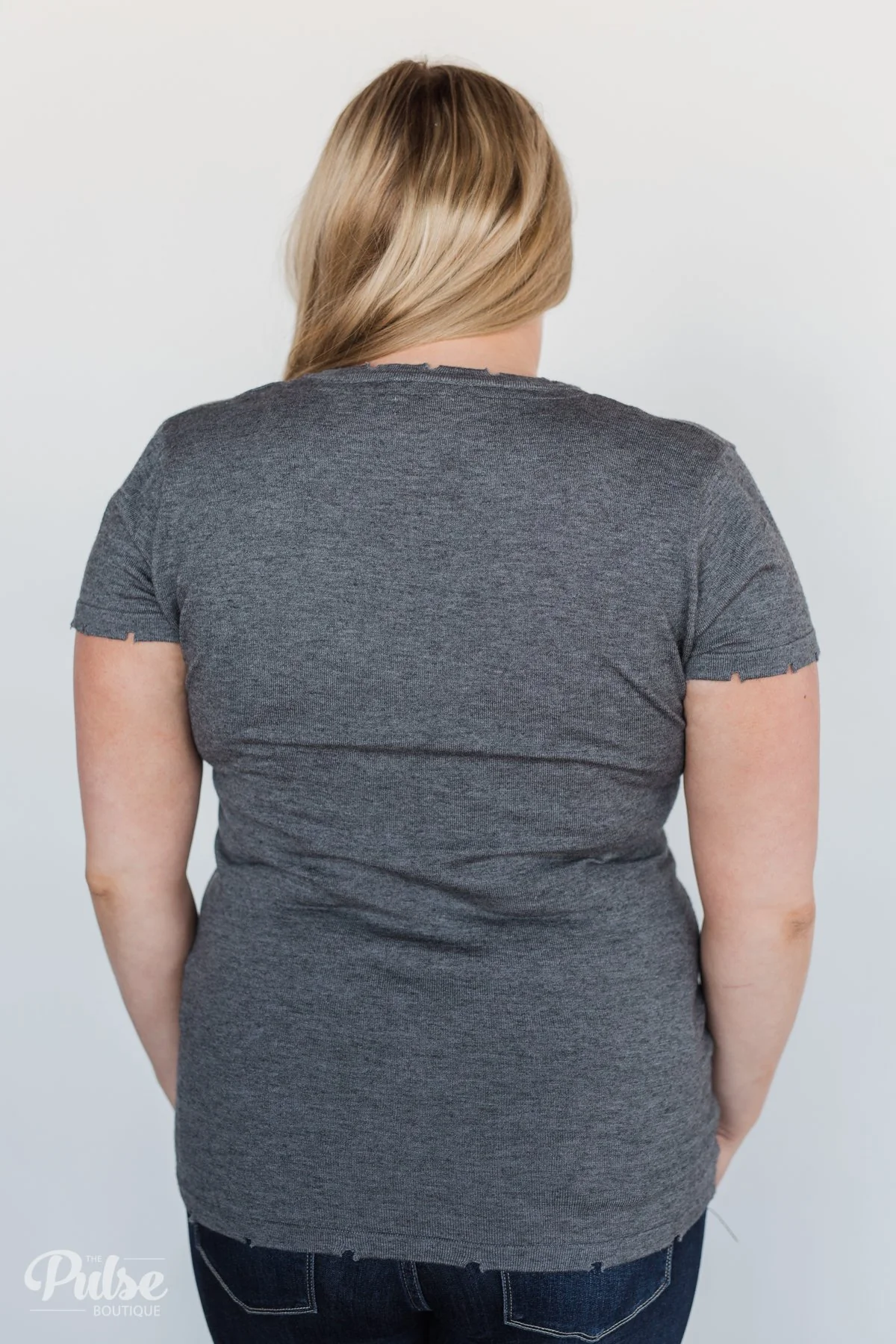 Eyes On You Distressed Short Sleeve Top- Charcoal - Image 11