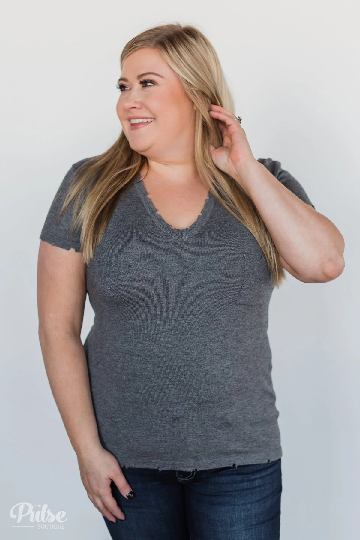 Eyes On You Distressed Short Sleeve Top- Charcoal - Image 2