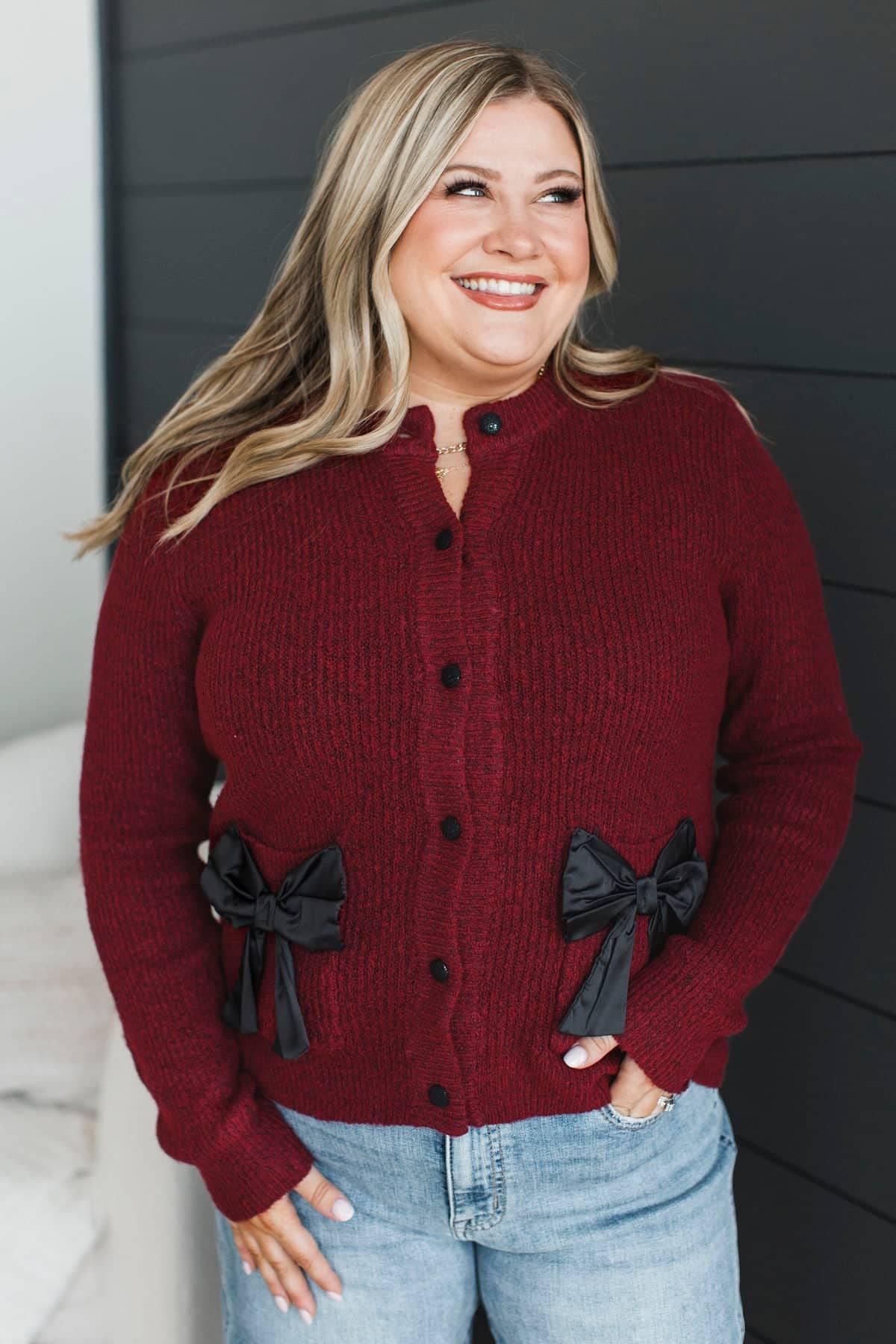 Fabulous Evenings Knit Button Cardigan- Burgundy