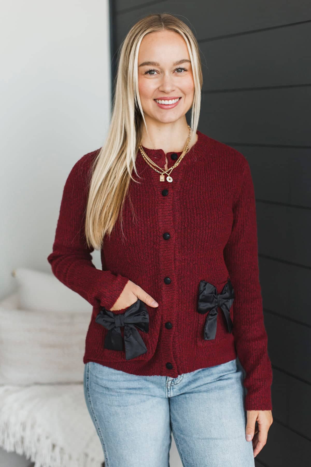 Fabulous Evenings Knit Button Cardigan- Burgundy - Image 2