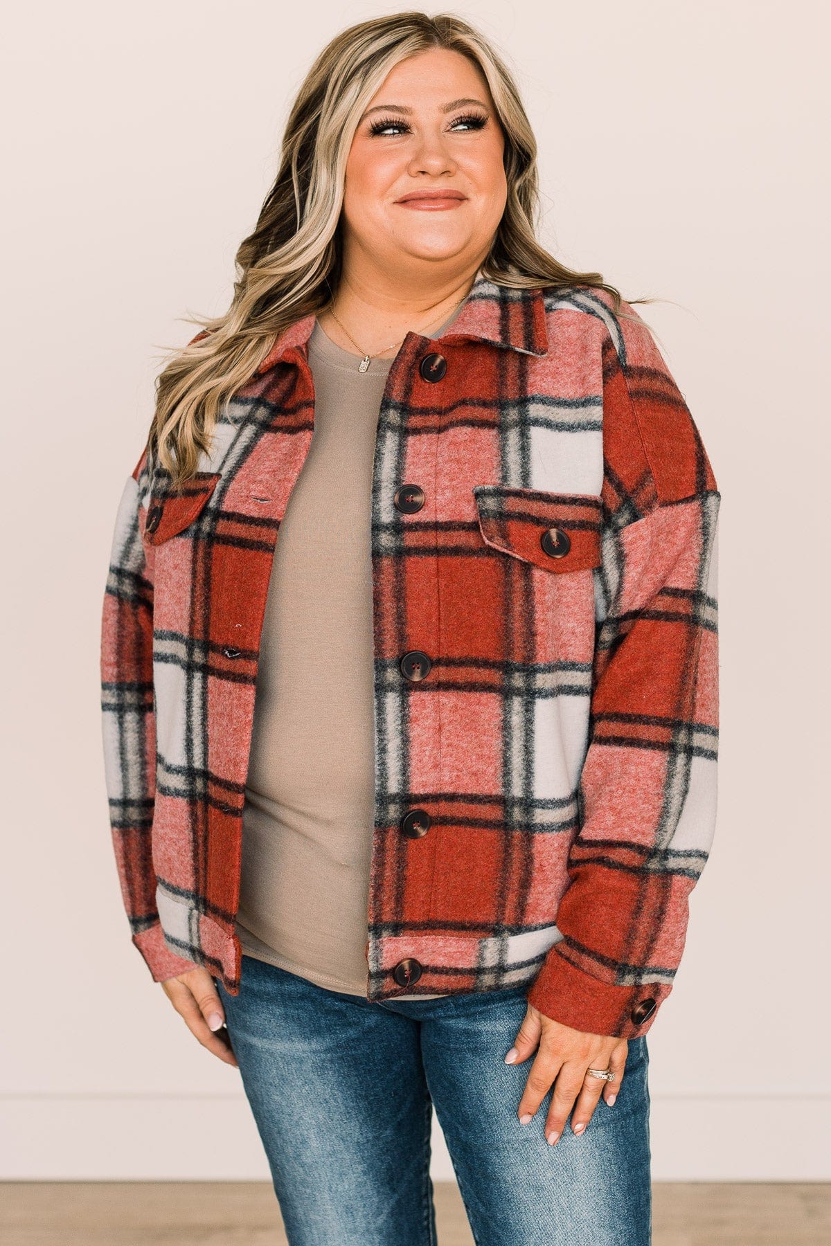 Face The Day Plaid Button Jacket- Red & Ivory - Image 2