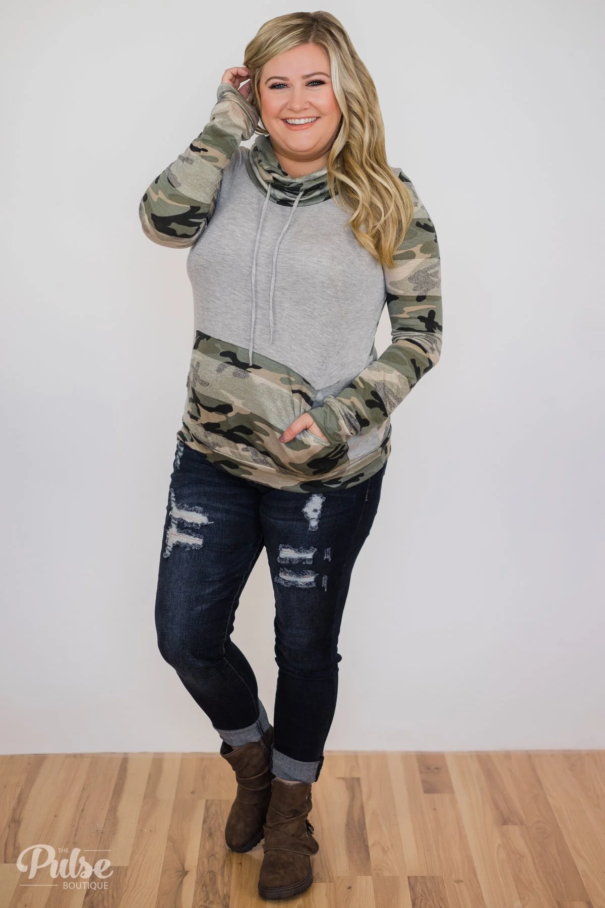Fade Into You Camo Cowl Neck- Grey - Image 4