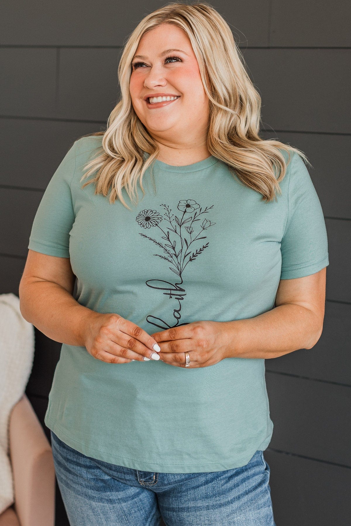 "Faith" Floral Graphic Tee- Dusty Blue - Image 2