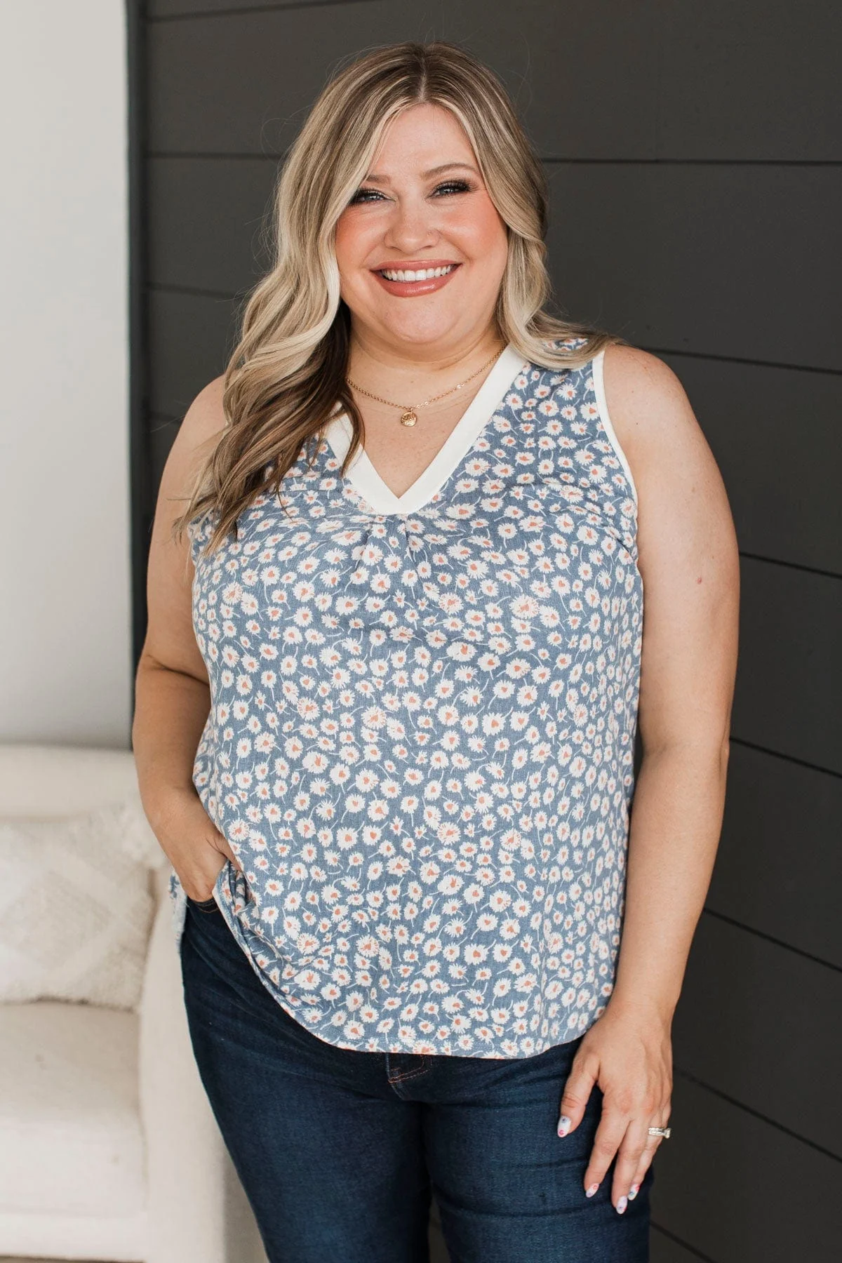 Faith In Miracles Floral Tank Top- Denim - Image 2