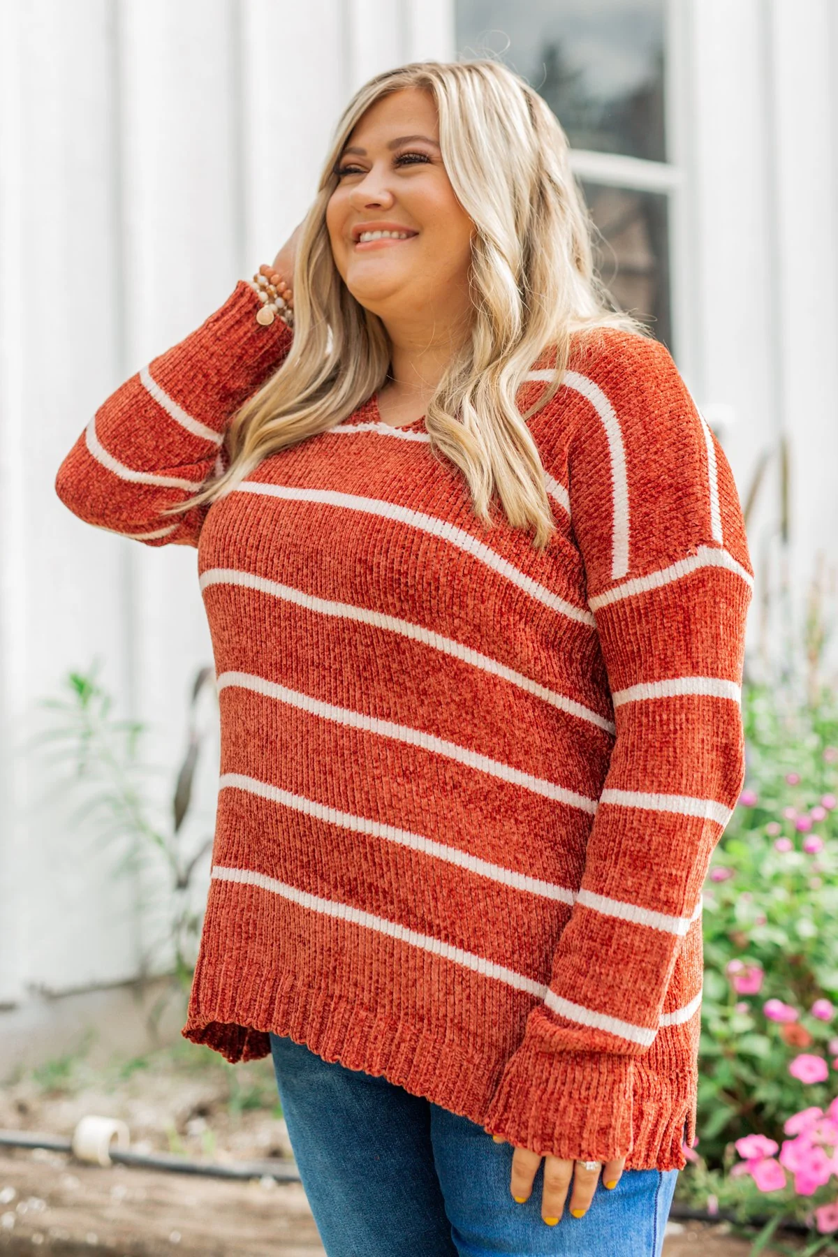 Faithfully Yours Striped Knit Sweater- Copper & Ivory - Image 4