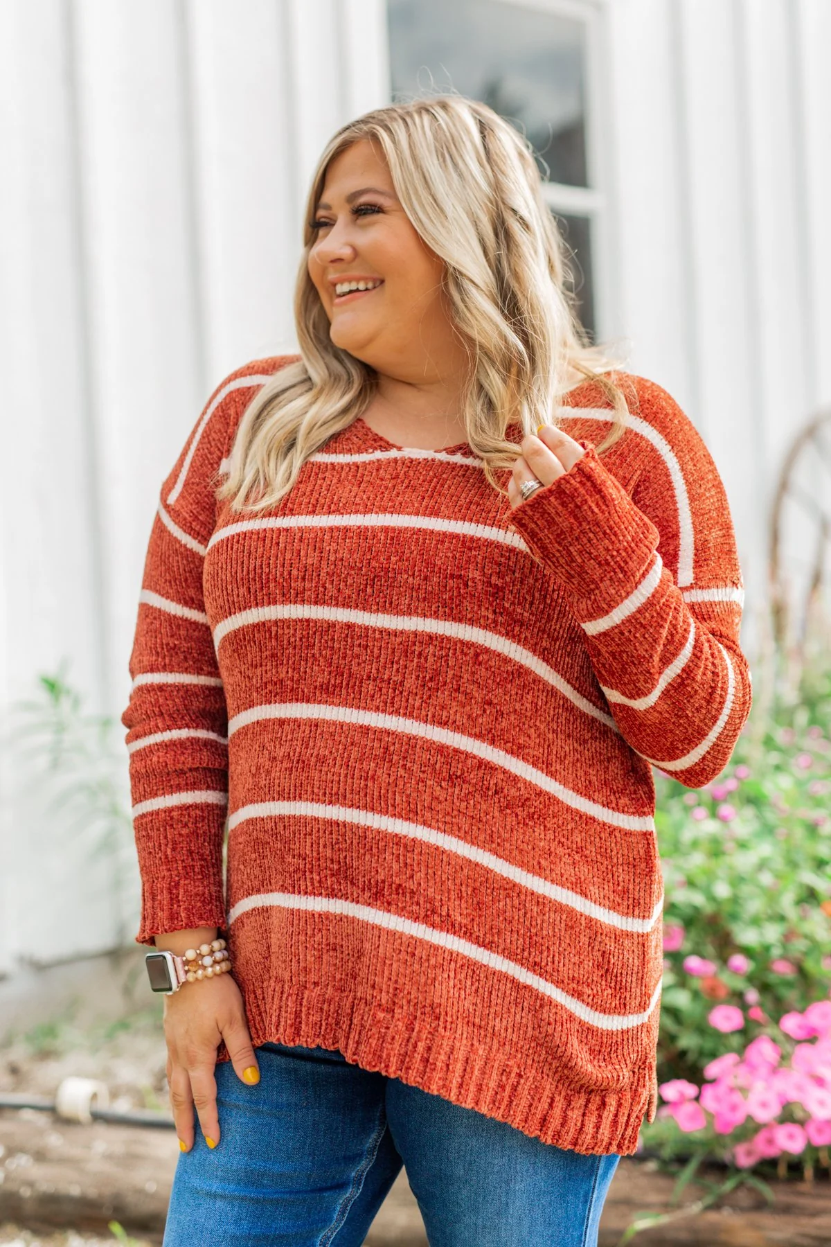 Faithfully Yours Striped Knit Sweater- Copper & Ivory - Image 6