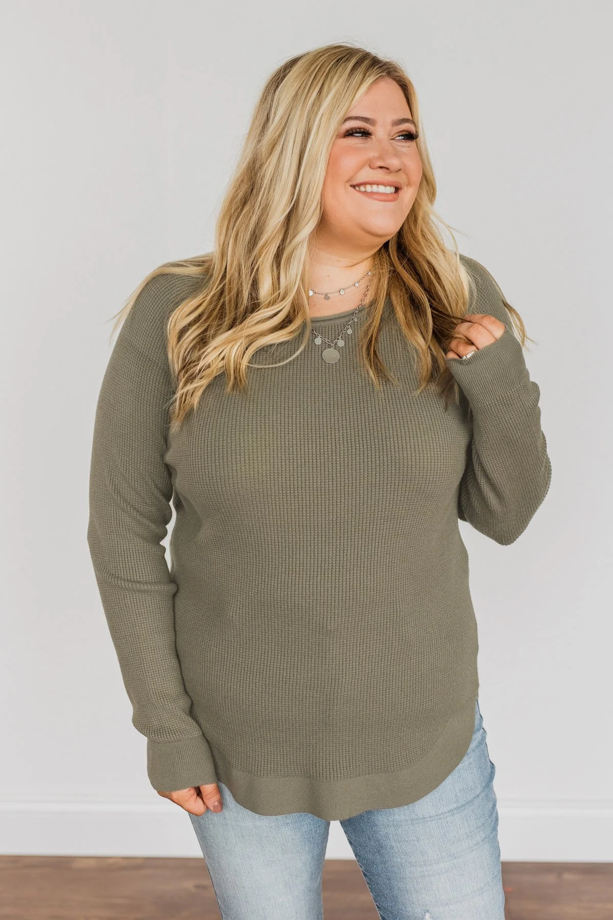 Fall Breeze & Autumn Leaves Waffle Knit Top- Olive - Image 3