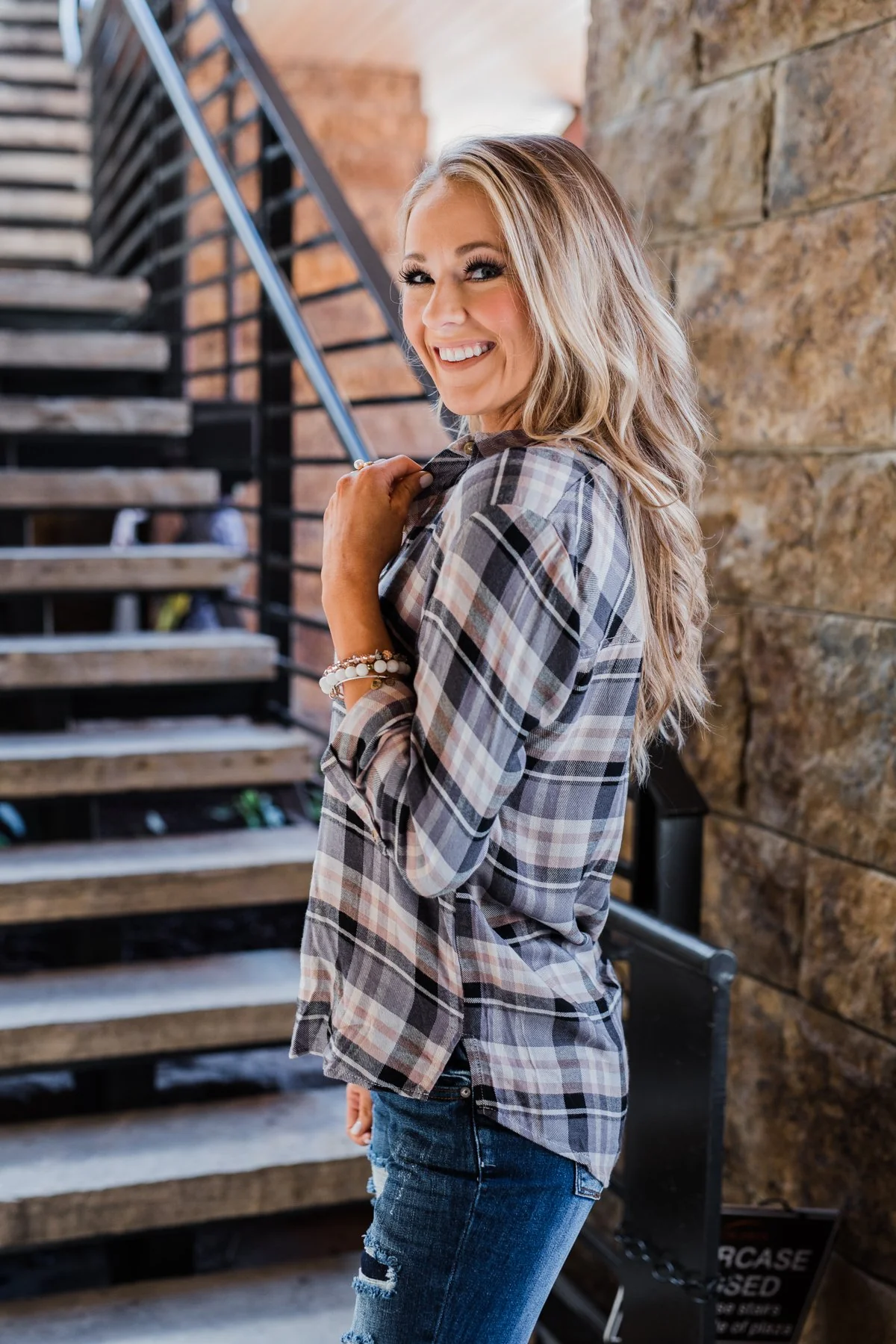 Fall Favorite Flannel Button Up Top- Charcoal & Beige - Image 11