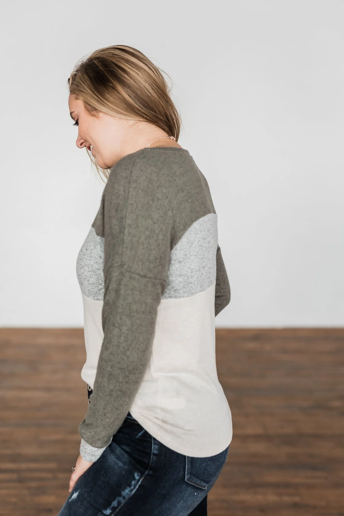 Fall Fever Color Block Top- Olive, Heather Grey, & Cream - Image 8
