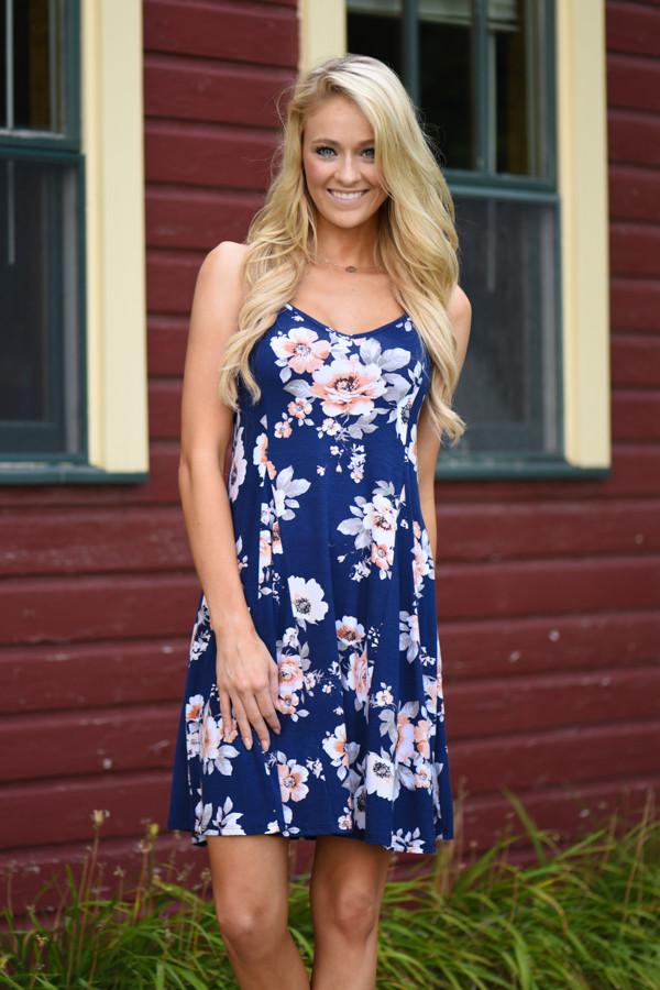 Fall Floral Mid Length Dress - Navy - Image 2