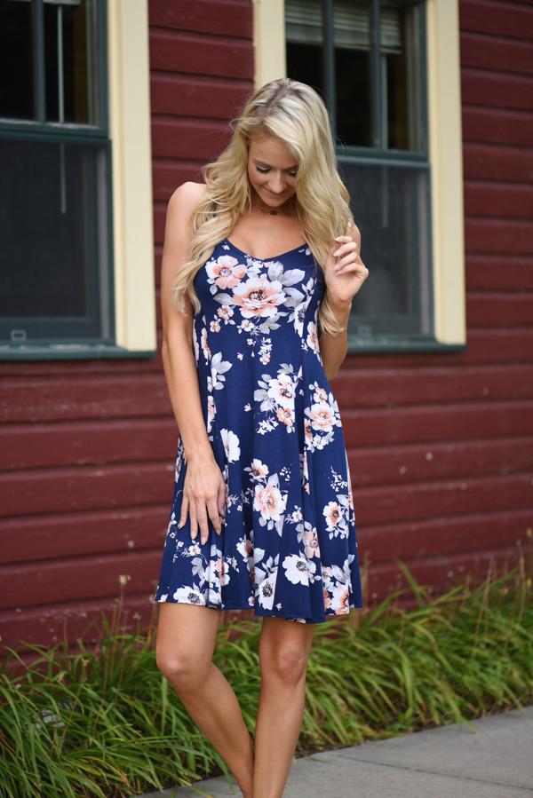 Fall Floral Mid Length Dress - Navy - Image 4