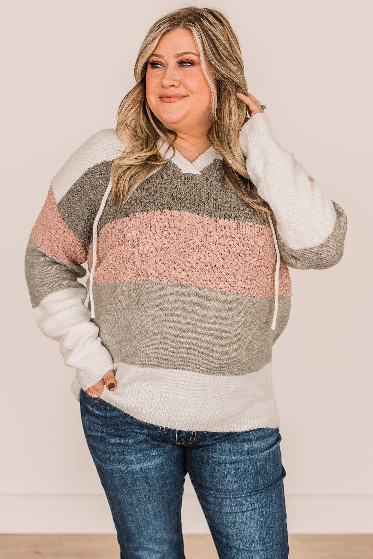 Fall For You Color Block Hooded Sweater- Ivory, Grey, & Dusty Pink - Image 2